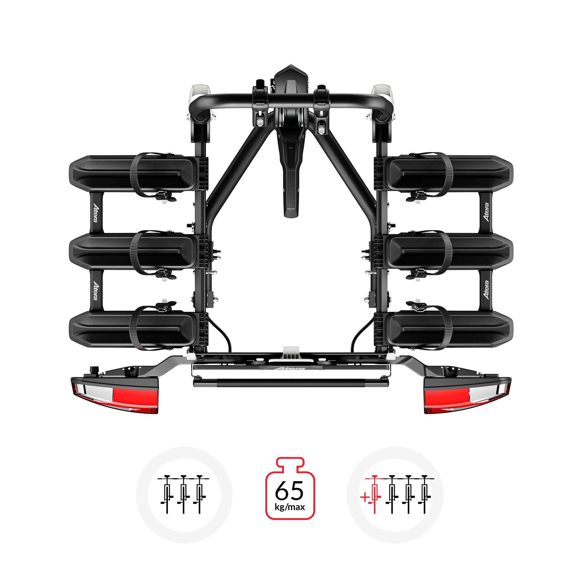 Atera Fahrradheckträger Forza L, für 3 Fahrräder, Schwarz | Auto-Kupplungsträger mit Rückleuchten, faltbar, für 3 Fahrräder oder schwere E-Bikes, Art. Nr. 022801