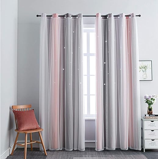 FANLI Ombre Rainbow Blackout Curtains for Kid Girls Bedroom Living Room Darking Stripe Double Layer Star Cut Out Wall Home Decor Gradient Grommet Window Curtains (Pink/Grey, 52W x 95L)