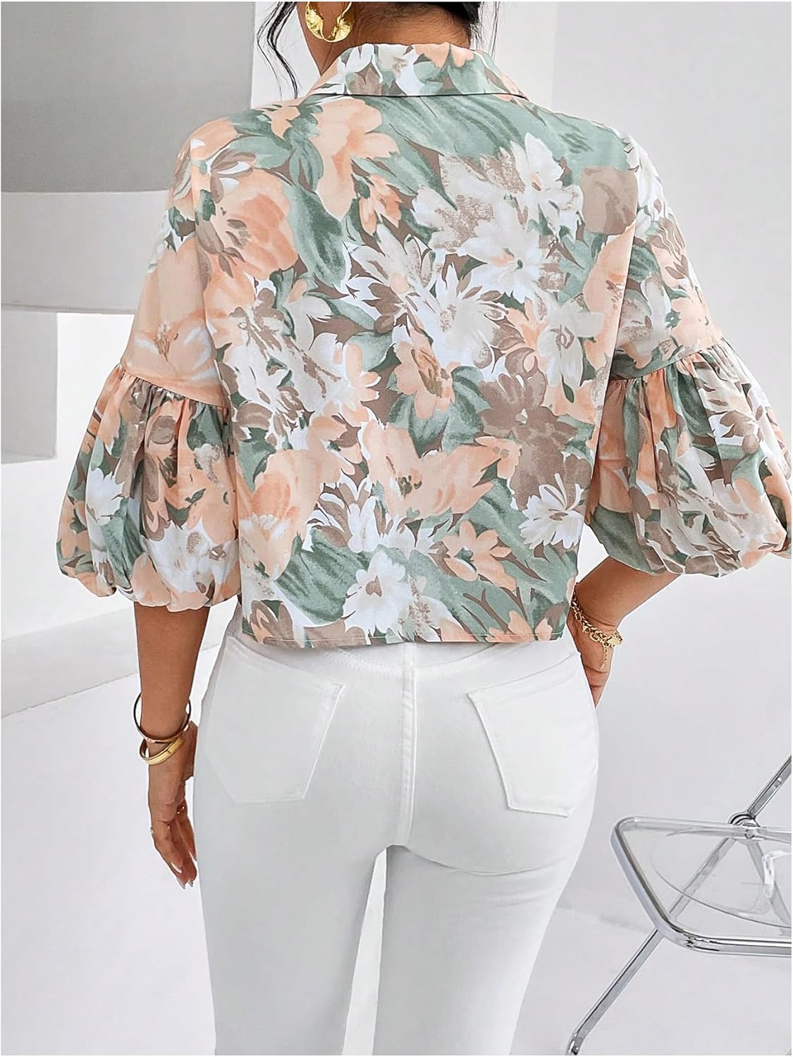 SweatyRocks Women's Half Bishop Sleeve Button Down Shirts Summer Dressy Casual Blouses - Image 3