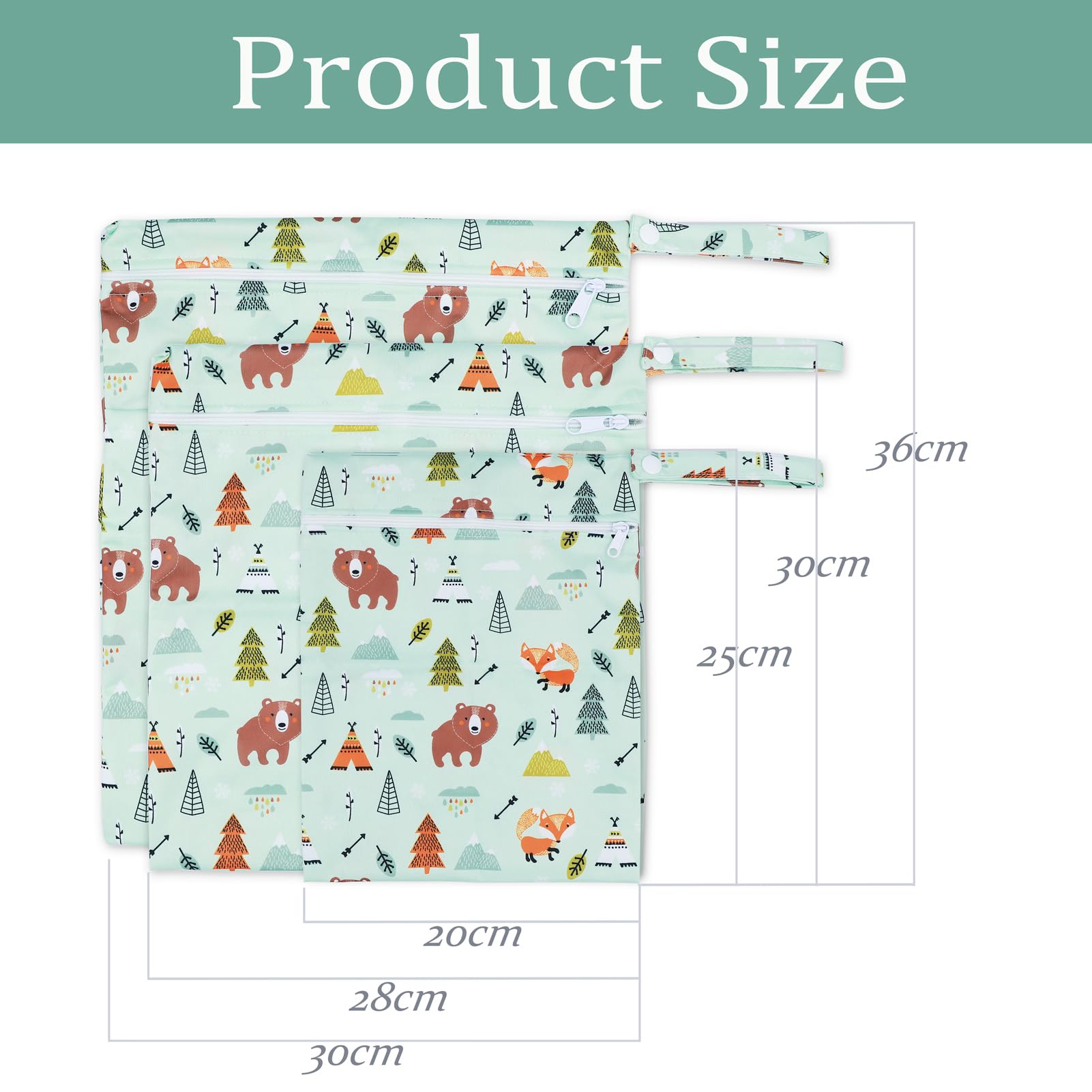 Bolsas Pañales Impermeables, 3 PCS Bolsa Muda Bebe, Wetbag Portátil para Mamá, Organizador de Colgar de Maquillaje Viaje Playa Piscina, Wet Bag de Tela Reutilizable Lavable (Oso Verde)