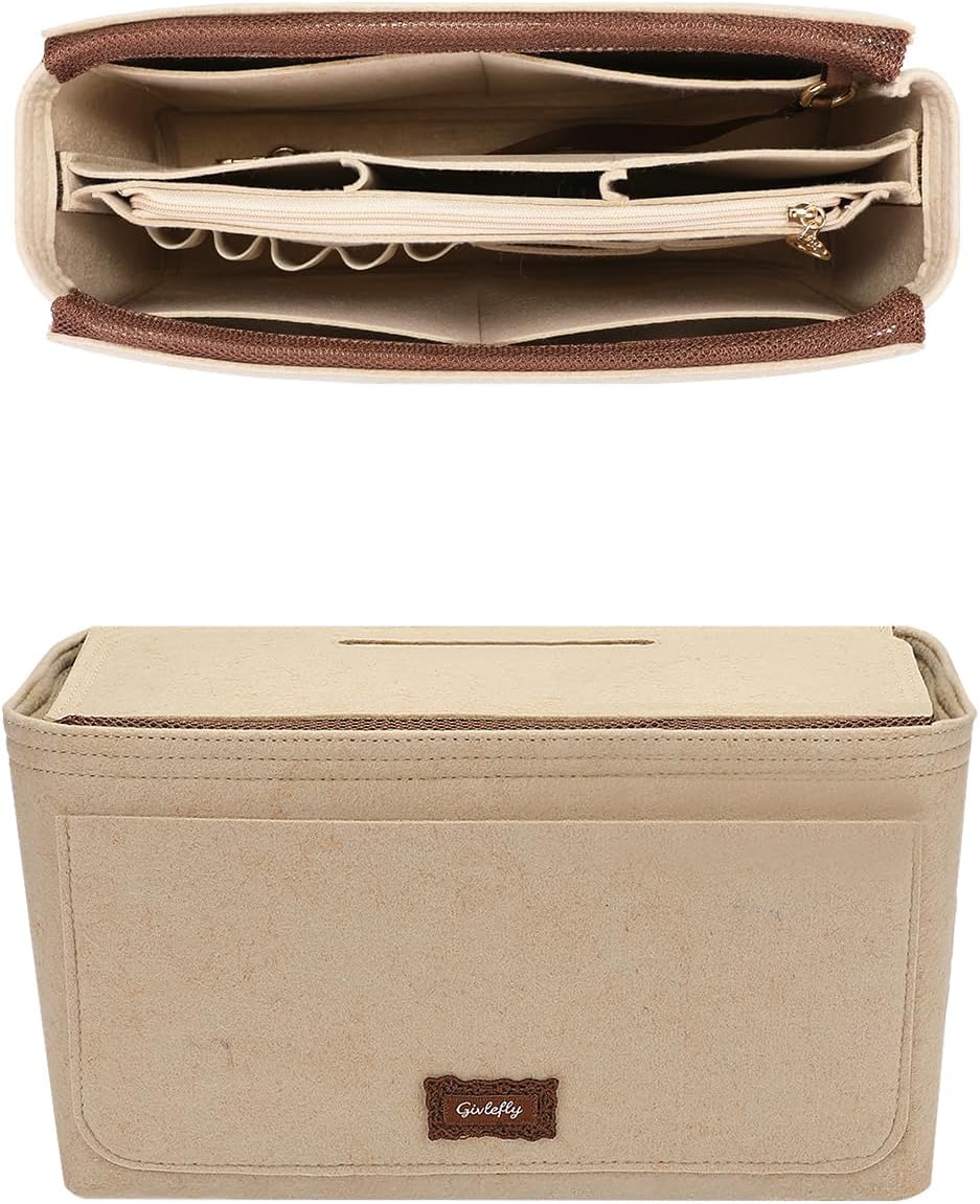 GIVLEFLY Medium Slim Purse Organizer Insert for Tote Bag, Felt Handbag Organizer with Flap Cover, Removable Zipper Pouch, Key Leash, Structured Bag Insert with Handle & Pen Holder,Beige