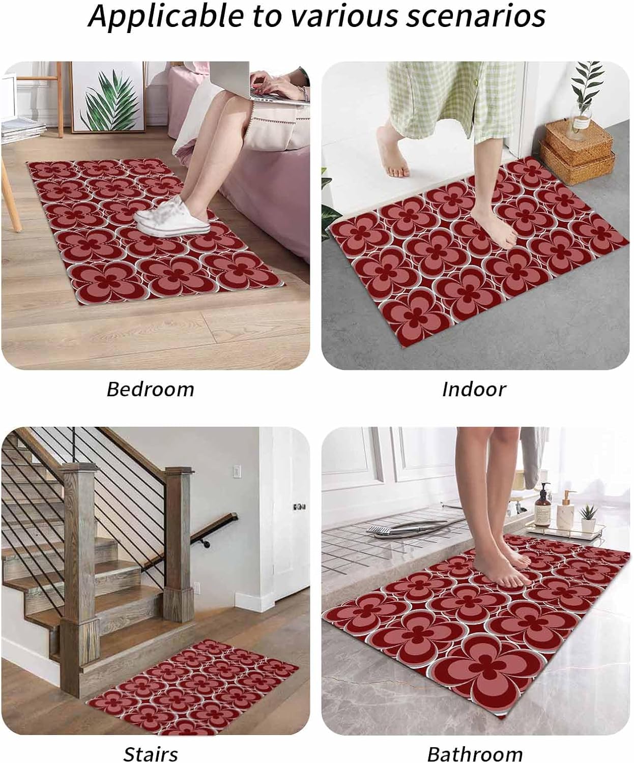 Bathroom Rugs,Retro Floral Stripe Texture Kitchen Rug Non-Slip Rubber Backing Doormat,Abstract Four-Leaf Clovers Absorbent Bath Mat Washable Floor Mats for Bedroom Entryway 18x30in