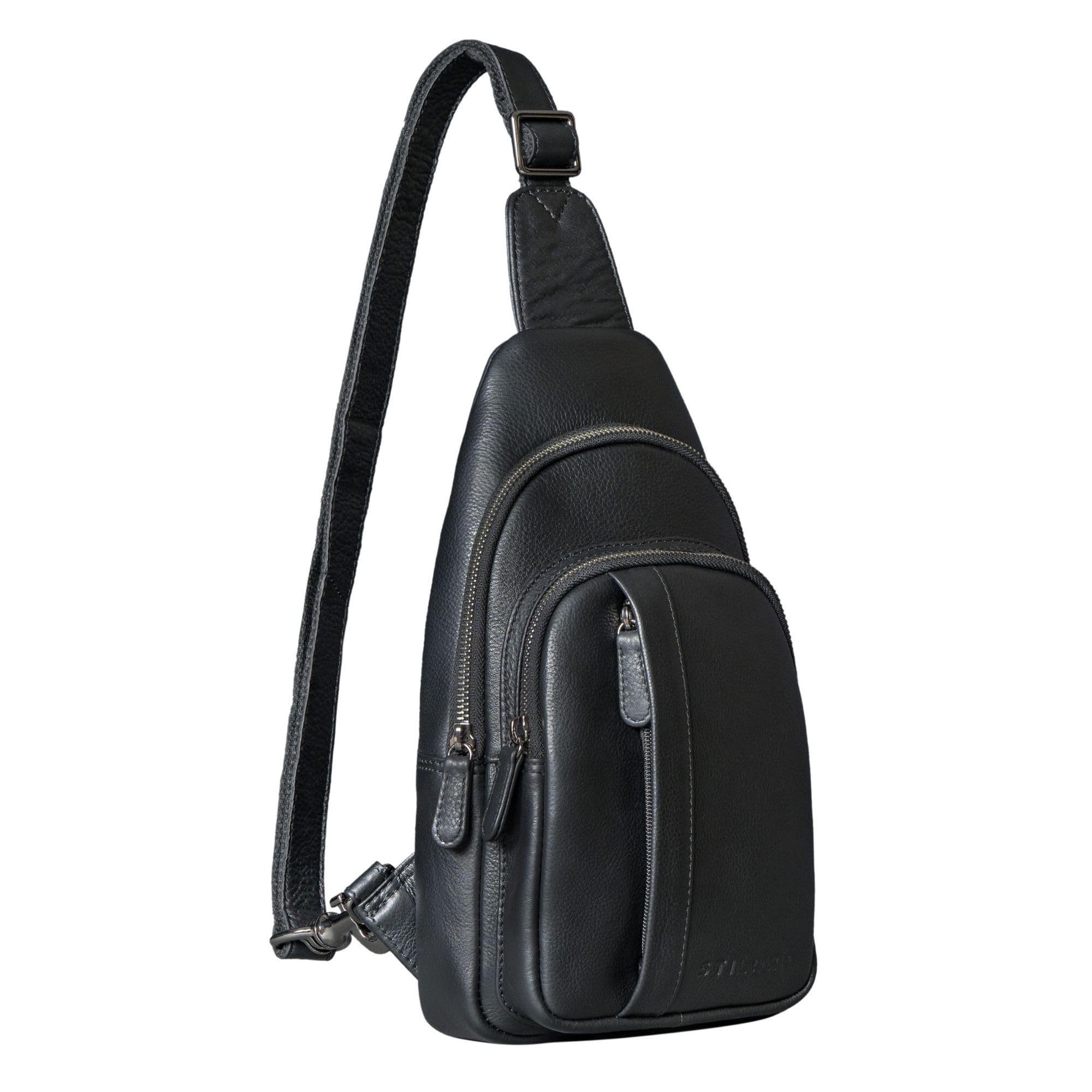 STILORD "Jakob" Duża Skórzana Torba Sling Dla Mężczyzn Saszetka Na Klatkę Piersiową Crossbody Torba Na Ramię Z Karabińczykiem I Kieszenią Antykradzieżową Kolor:czarny