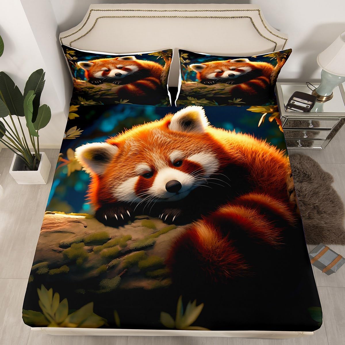 Castle Fairy 3D Kawaii Raccoon Bedding Set Full Size Wild Jungle Animal Bed Set Bedroom Decor Green Leaf Branch Fitted Sheet Soft Microfiber Cute Raccoon Bed Cover with 2 Pillowcases