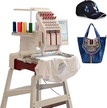 12-Needle Commercial Embroidery Machine for Hats & Apparel, 1000 RPM Single-Head Embroidery with 10" Touchscreen, 500 Built-in Designs & USB Import, Complete Starter Kit,RedB