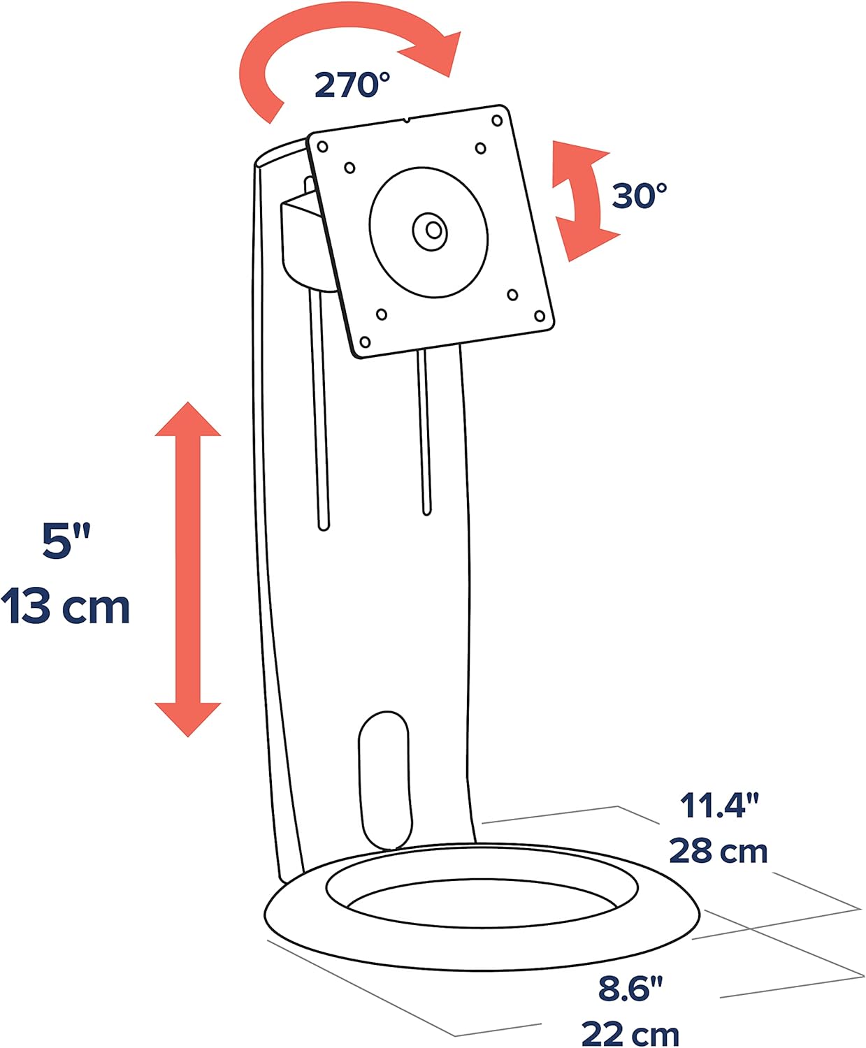 Diagram illustrating the dimensions and adjustment ranges (height, tilt, rotation) of the Ergotron Neo-Flex Single Monitor Stand.
