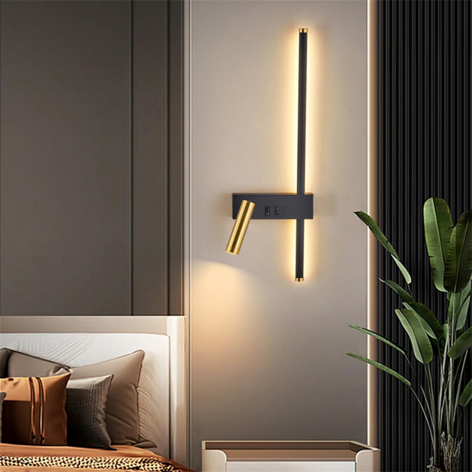 LED Wandleuchte Schwarz 350° Drehbar Wandleuchten Innen Modern mit Zwei Unabhängige Schalter Wandlampe Metall Wohnzimmer Leselampe Wandbeleuchtung für Schlafzimmer Dekorative (Warmes Licht,Links)