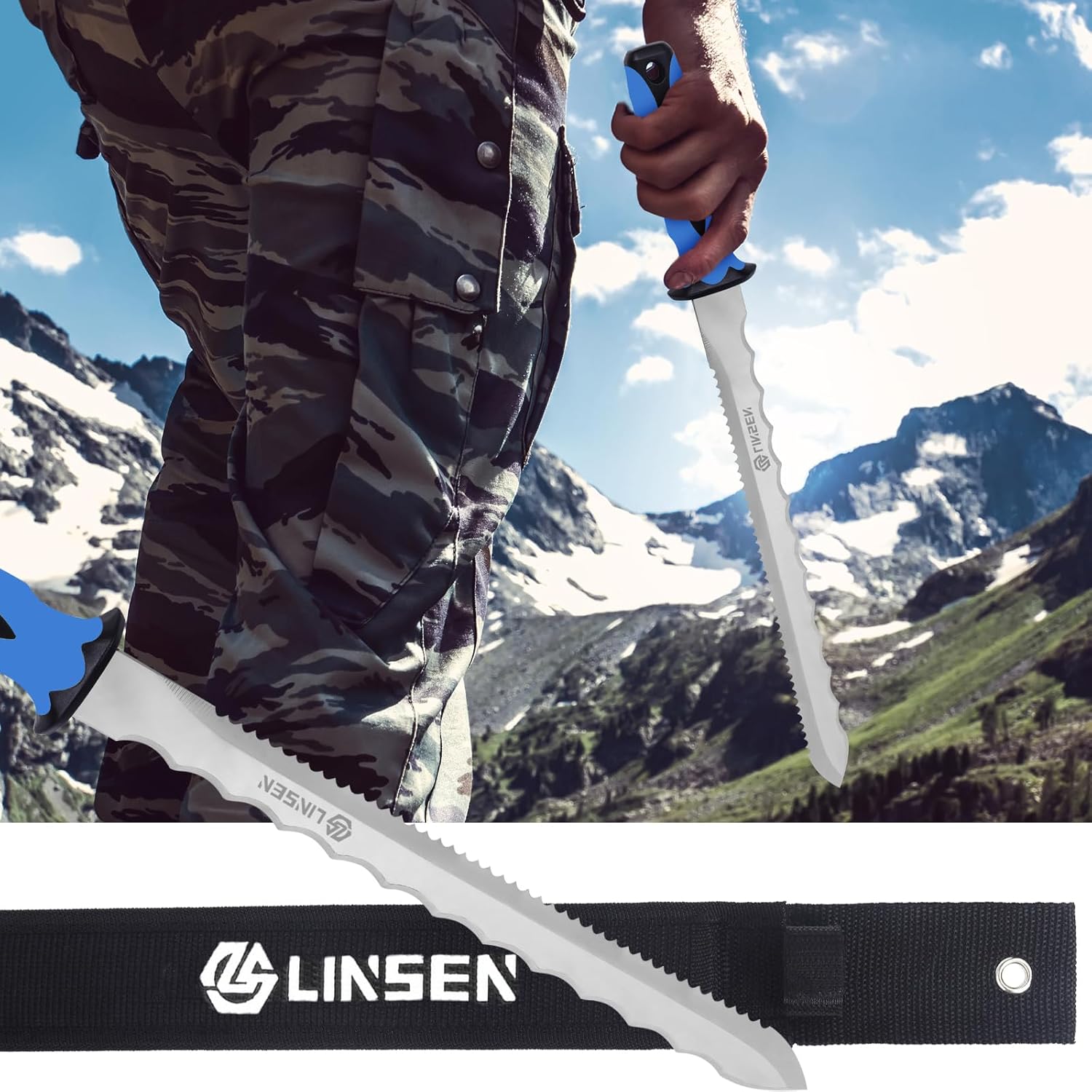 Insulation Knife, Stainless Steel Garden Knife with 11" Blade, Double Side Sod Cutter with Nylon Sheath for Cutting Mineral Wool and Insulation Foam Board (Blue)
