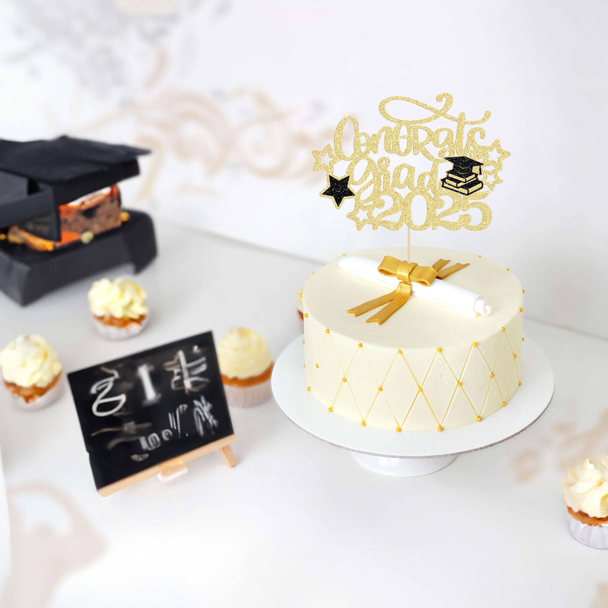 Gyufise 1Pc Congrats Grad 2026 Cake Topper Glitter Star Class of 2026 Graduation Cap Cake Pick for 2026 Graduation Theme Party Cake Decorations Supplies Gold - Image 4