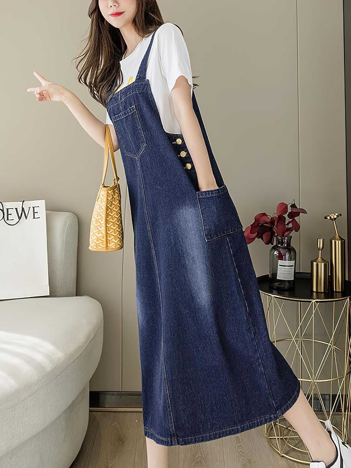 ebossy Women's Patchwork Denim Bib Overall Casual Button Jean Maxi Long Pinafore Dress With Pocket - Image 3