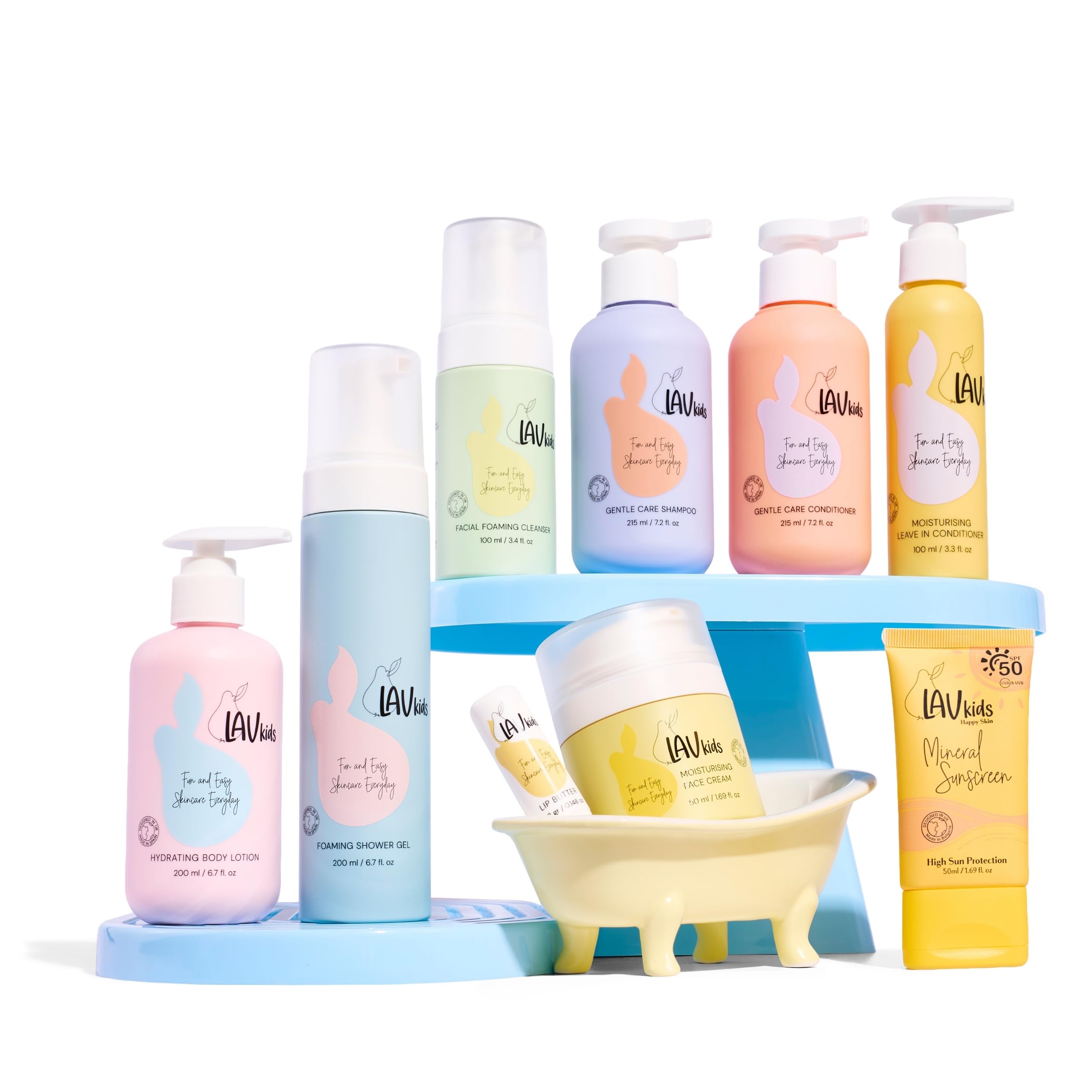 LAV kids Zestaw do pielęgnacji skóry dla dzieci, szampon, odżywka, żel pod prysznic, balsam do ciała, krem do twarzy, LSF 50, masło do ust, testowany dermatologicznie