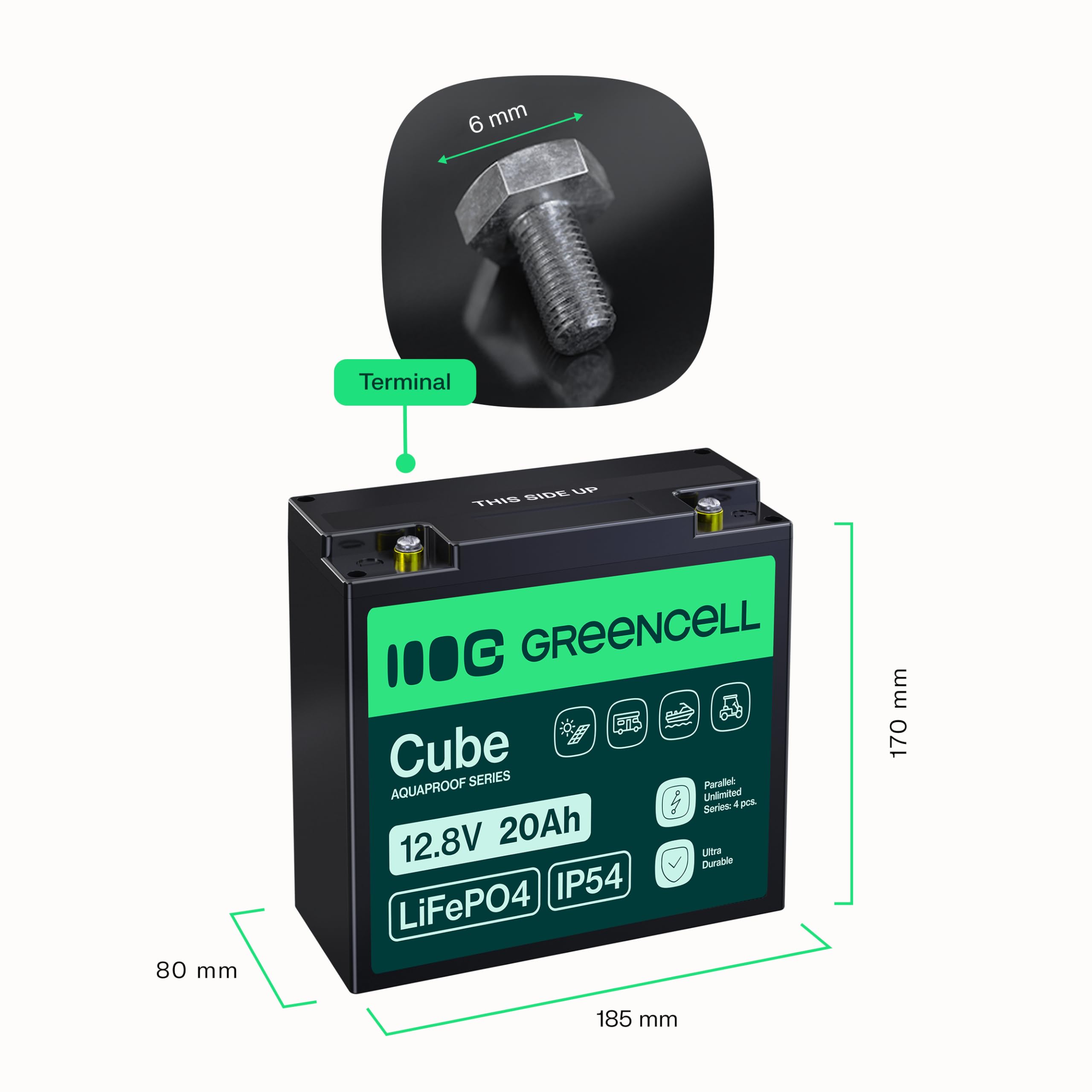 Batería LiFePO4 Green Cell CUBE ion de litio 12.8V 20Ah 256Wh para Tractor, Cortacésped, Vehículos Eléctricos, Almacenamiento Energía