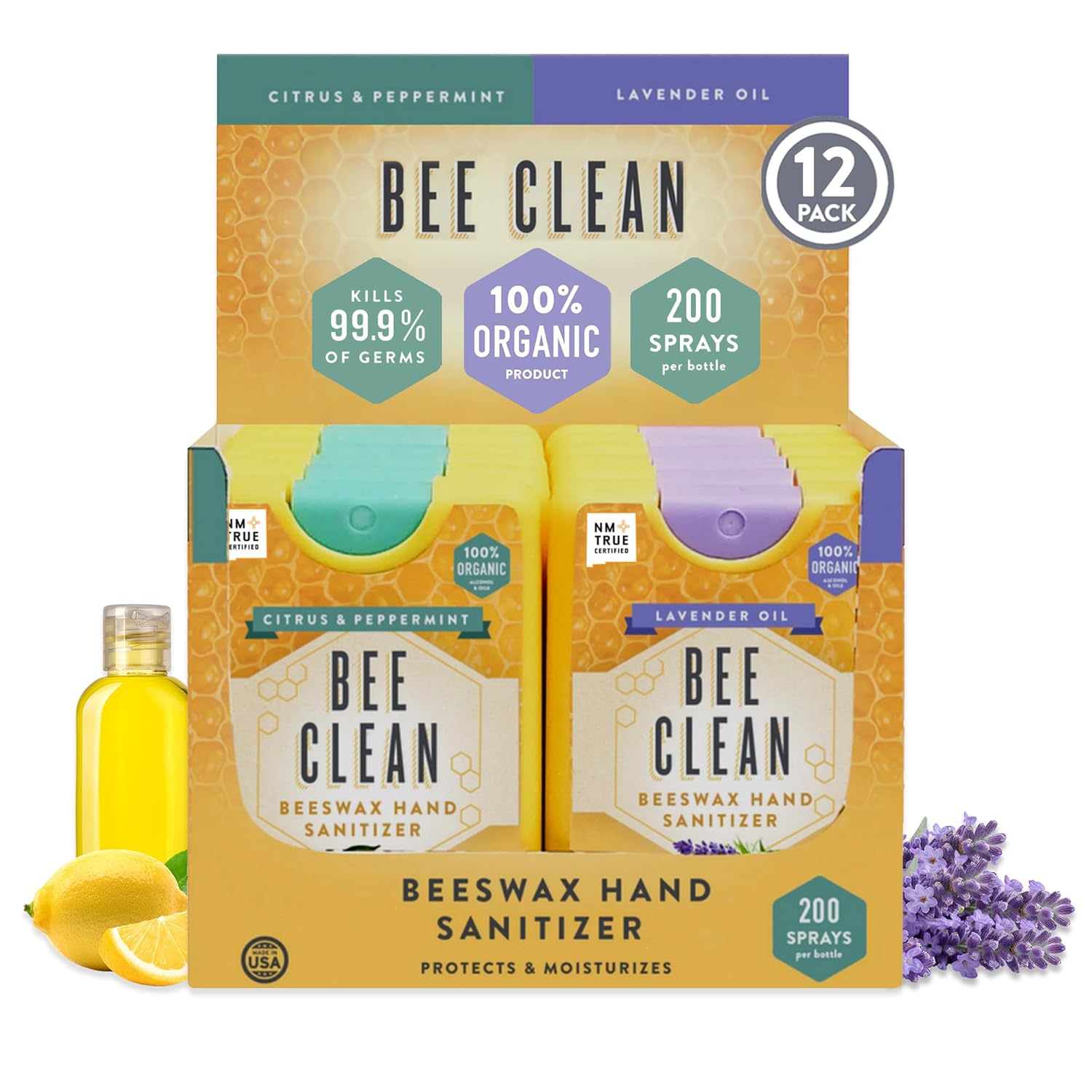 12-Pack Combo Hand Sanitizer Spray - 6 Lavender + 6 Citrus Peppermint, Travel Size Mist Spray with Organic Ethyl Alcohol, Beeswax - Moisturizing with Essential Oils, Non-Toxic, Made in USA