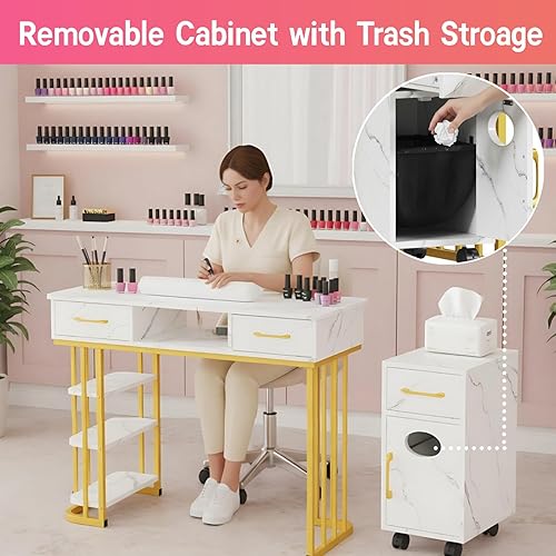 Miniatura 2 de Mesa de manicura de uñas para tecnología de uñas, textura marmolada, estación de uñas moderna con cojín de muñeca y gabinete, mesa multiusos para el