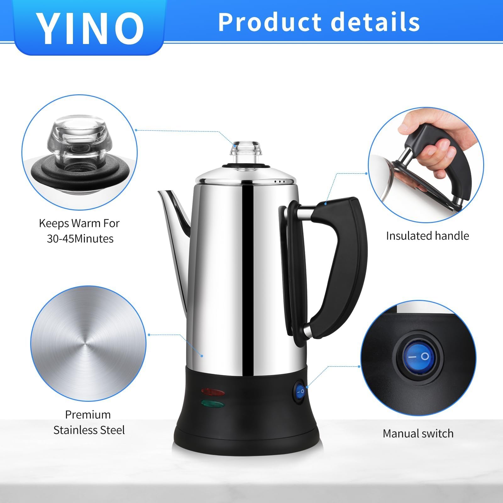 Machine à Expresso De Cuisinière En Acier Inoxydable, Pot Moka électrique, Percolateur à Café électrique 12 Tasses, 1,8 L Cafetière Pour Cuisinière, Cafétéria à Expresso (1.8L)