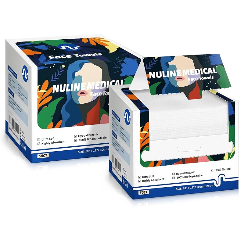 Toalhas faciais descartáveis Nuline Medical 25,4 cm x 30,48 cm, material EcoCosy biodegradável, pacote com 100 unidades em 2 caixas