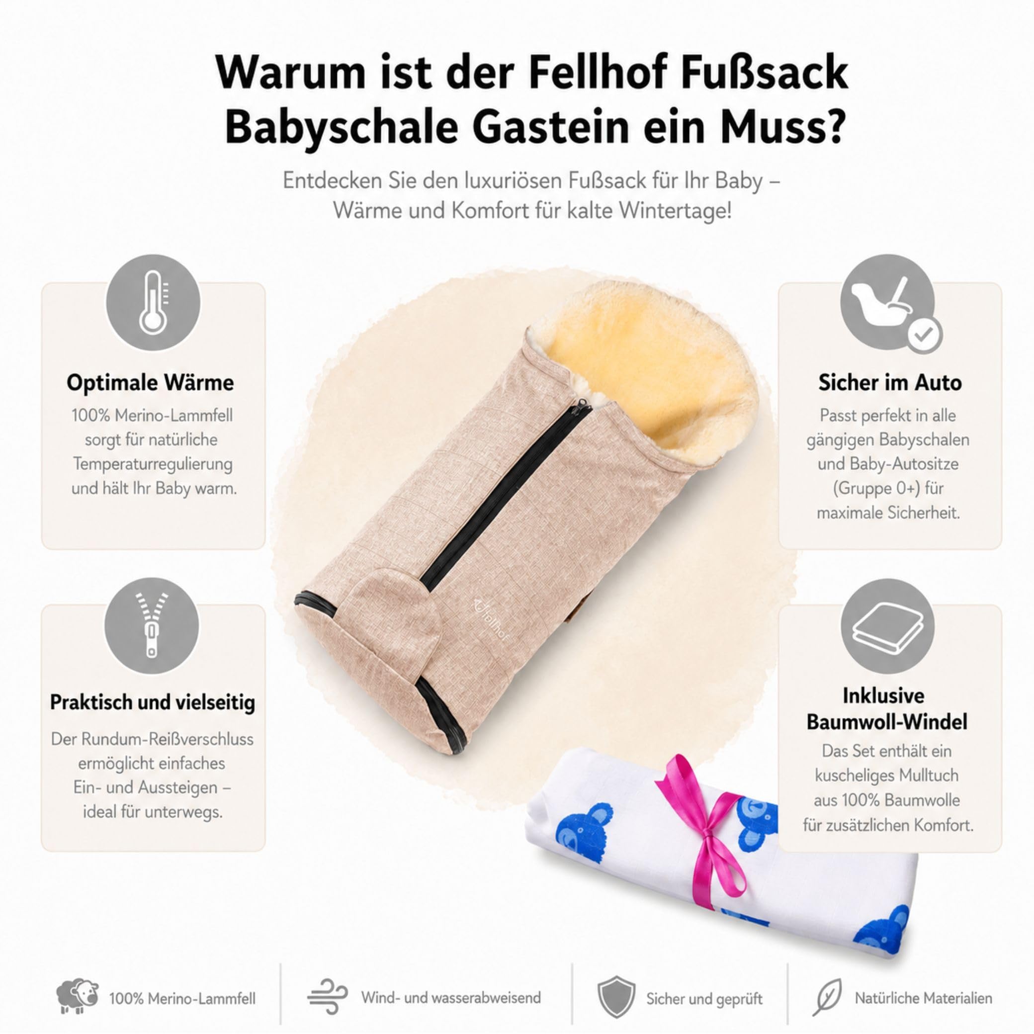 Fellhof Fußsack Babyschale Gastein, Einschlagdecke | Kinderhaus Blaubär: für Babywanne & Neugeborene, 100% Merino-Lammfell, atmungsaktiv & waschbar