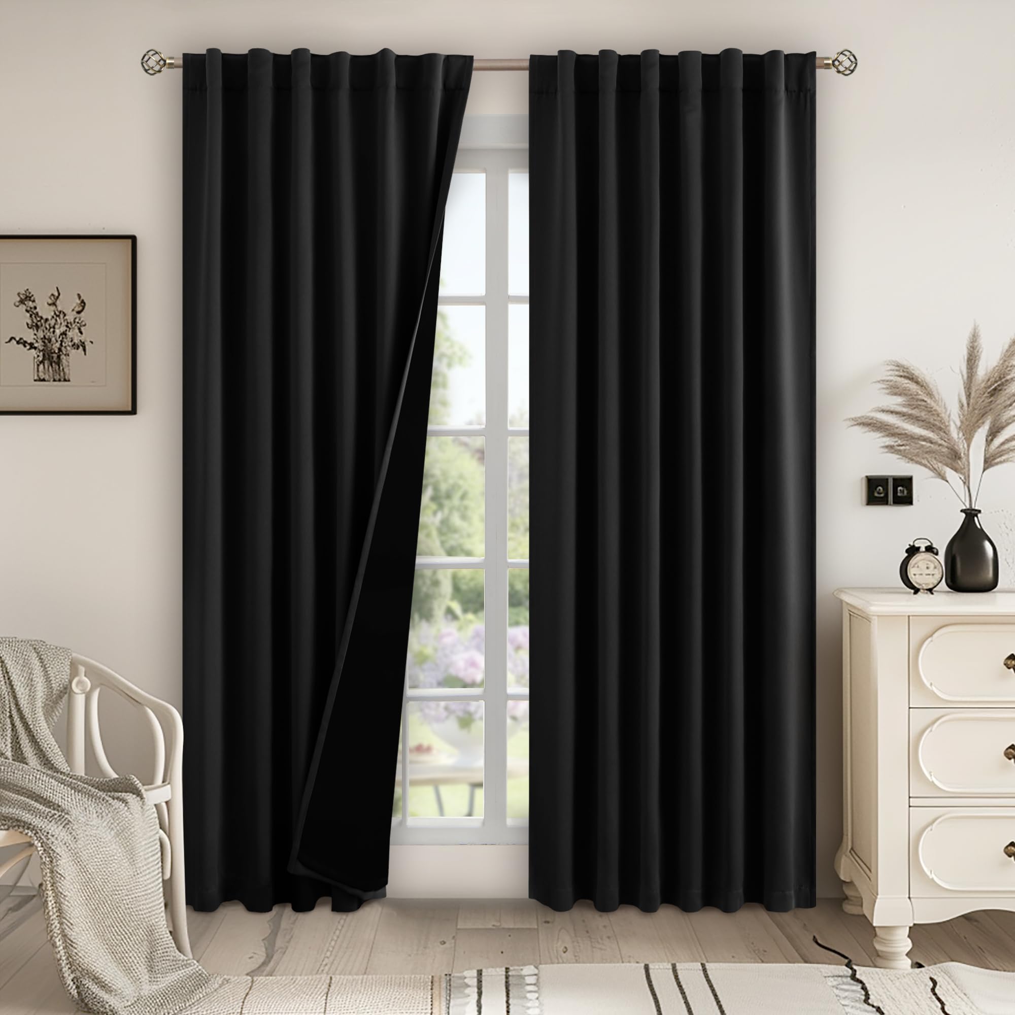 BGment Black 100% Blackout Curtains for Bedroom, 78 Inch Black Out Living Room Panels with Thermal Liner, Rod Pocket and Back Tab Double Layer Room