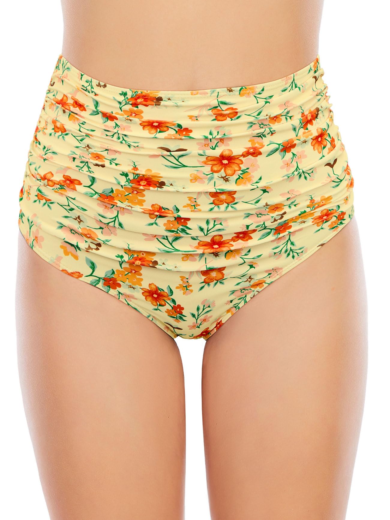 American Trends Parte inferior de bikini de cintura alta fruncida con control de abdomen, parte inferior de traje de baño sexy para mujer