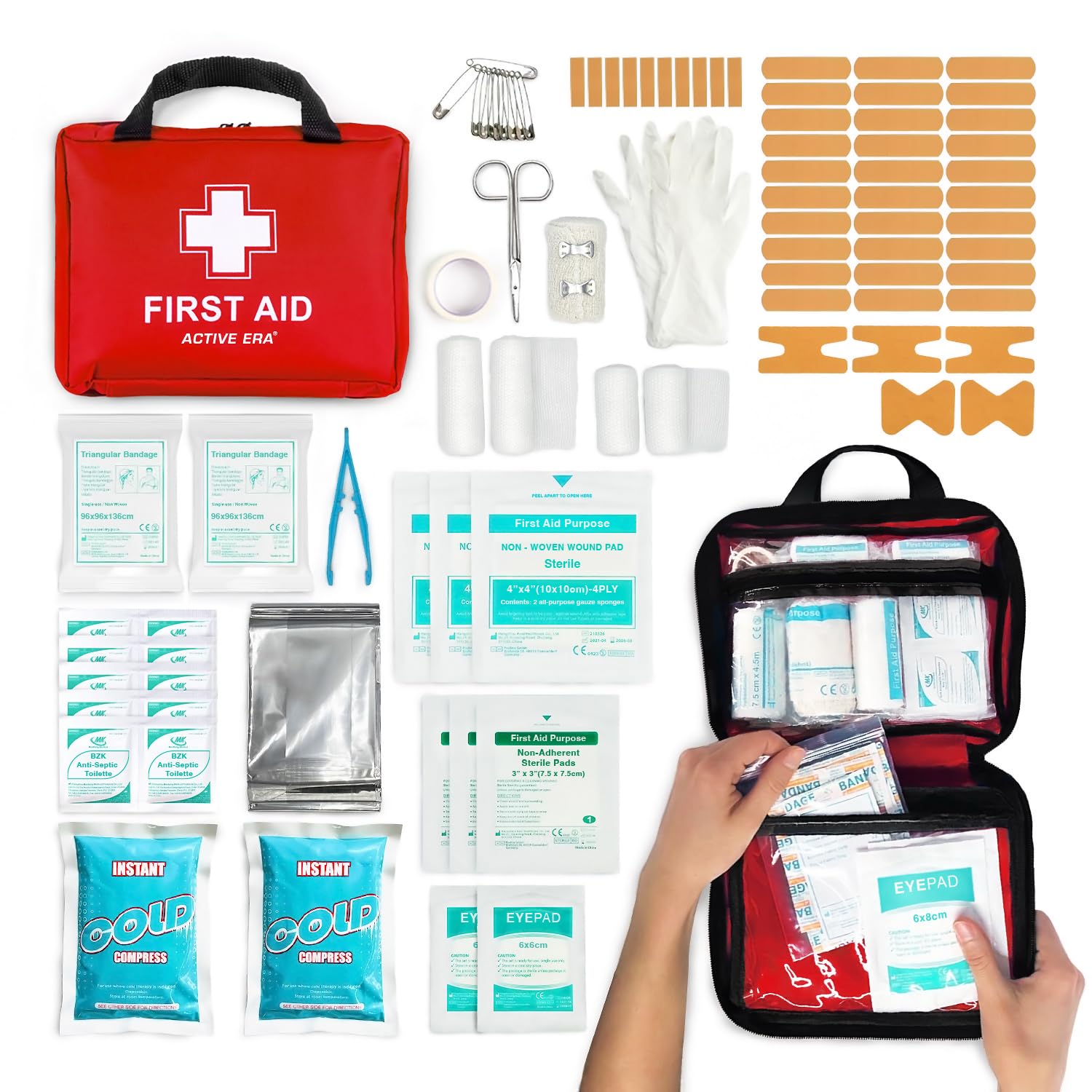 Active Era Botiquín Primeros Auxilios 90 Piezas Hielo Kit Lavado Ojos Manta Emergencia Hogar Coche