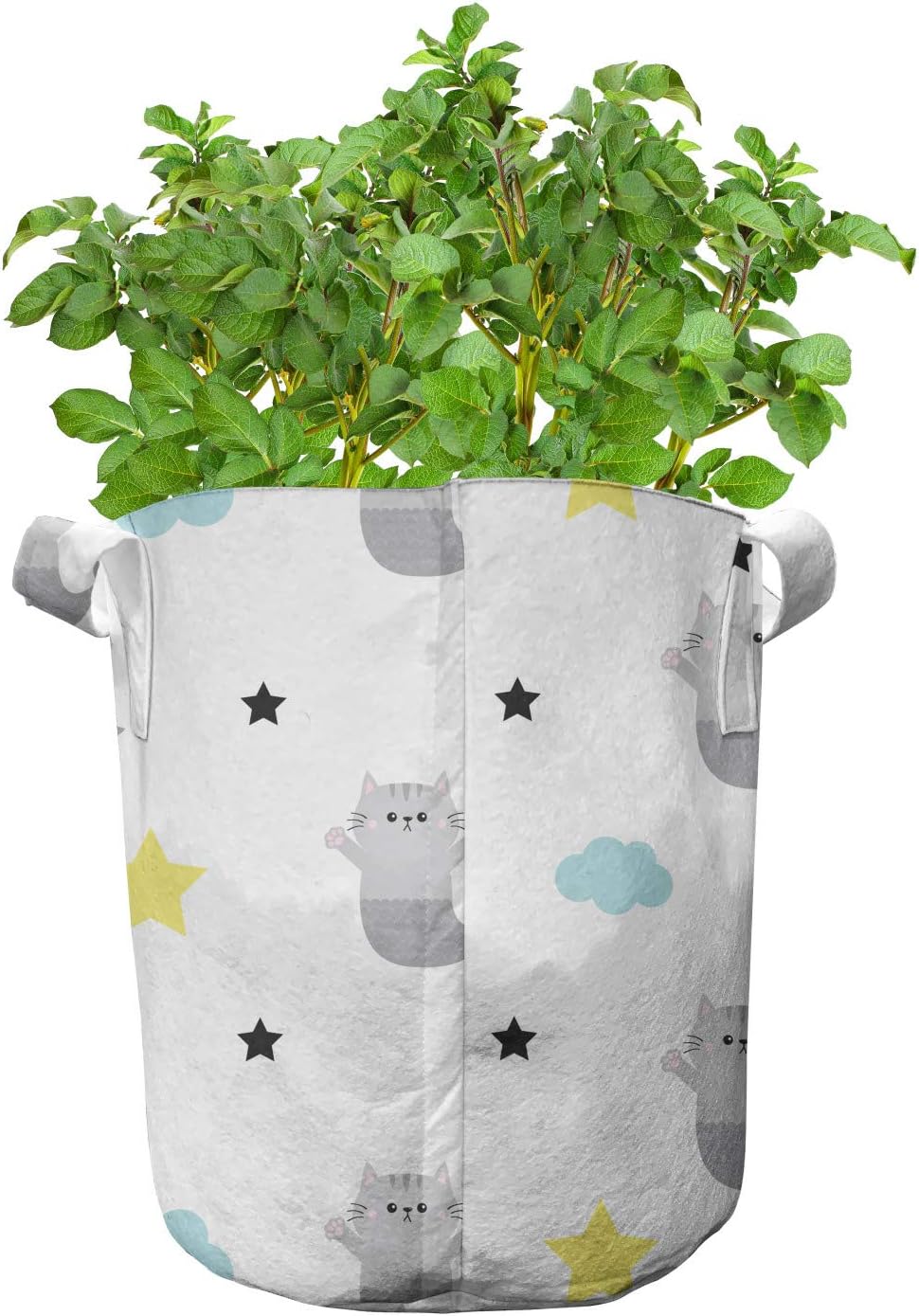 Lunarable Cat Mermaid Grow Bags 5-Pack, Cartoon Kitten, Heavyduty Fabric Pots with Handles for Plants, Multicolor