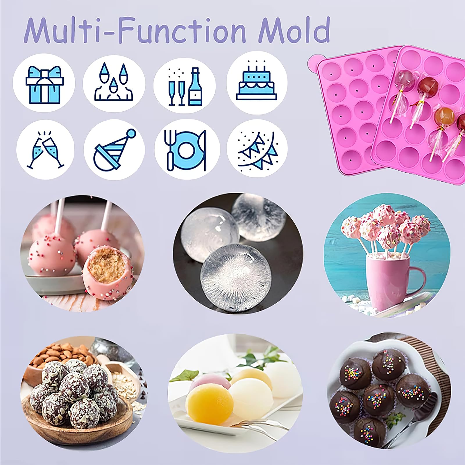 Moule à cake pop, rond, en silicone, à 20 trous, avec 100 batons Pop Cake, 100 paquets de bonbons, présentoir à mesurer, pour cakes, bonbons, gelée et chocolat
