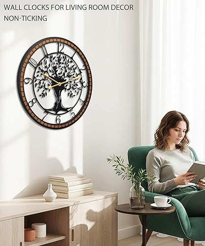 Miniatura 4 de Reloj de pared, reloj de pared grande de 24 pulgadas para decoración de sala de estar, diseño de árbol de la vida y marco de madera, funciona con