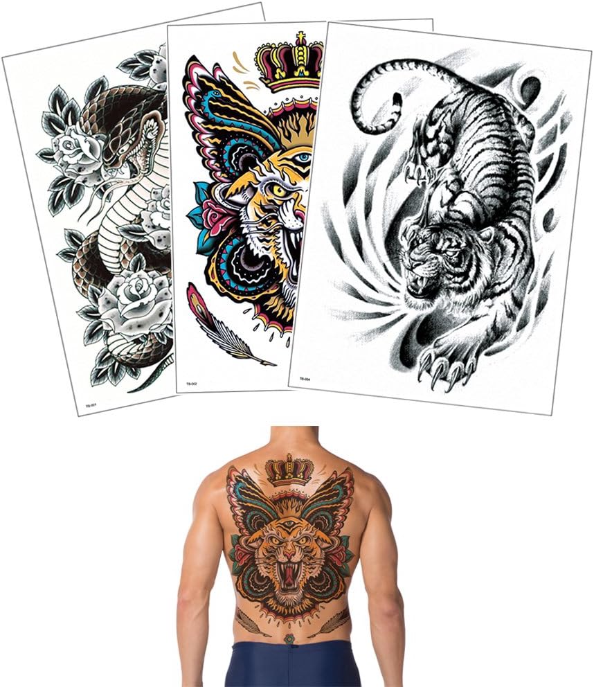 Glaryyears Super Big Full Back Covered Temporary Tattoos, 3 Pack Large Fake Realistic Tattoo Stickers for Adults Men Women, Scary Fierce Tiger Snake Serpent Design