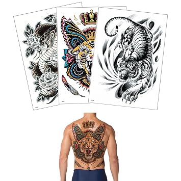 Full Back Realistic Temporary Tattoos | 3-Pack waterproof fake tattoostiger/snake. Painless, lasts 5-7 days. Perfect for cosplay & Halloween.
