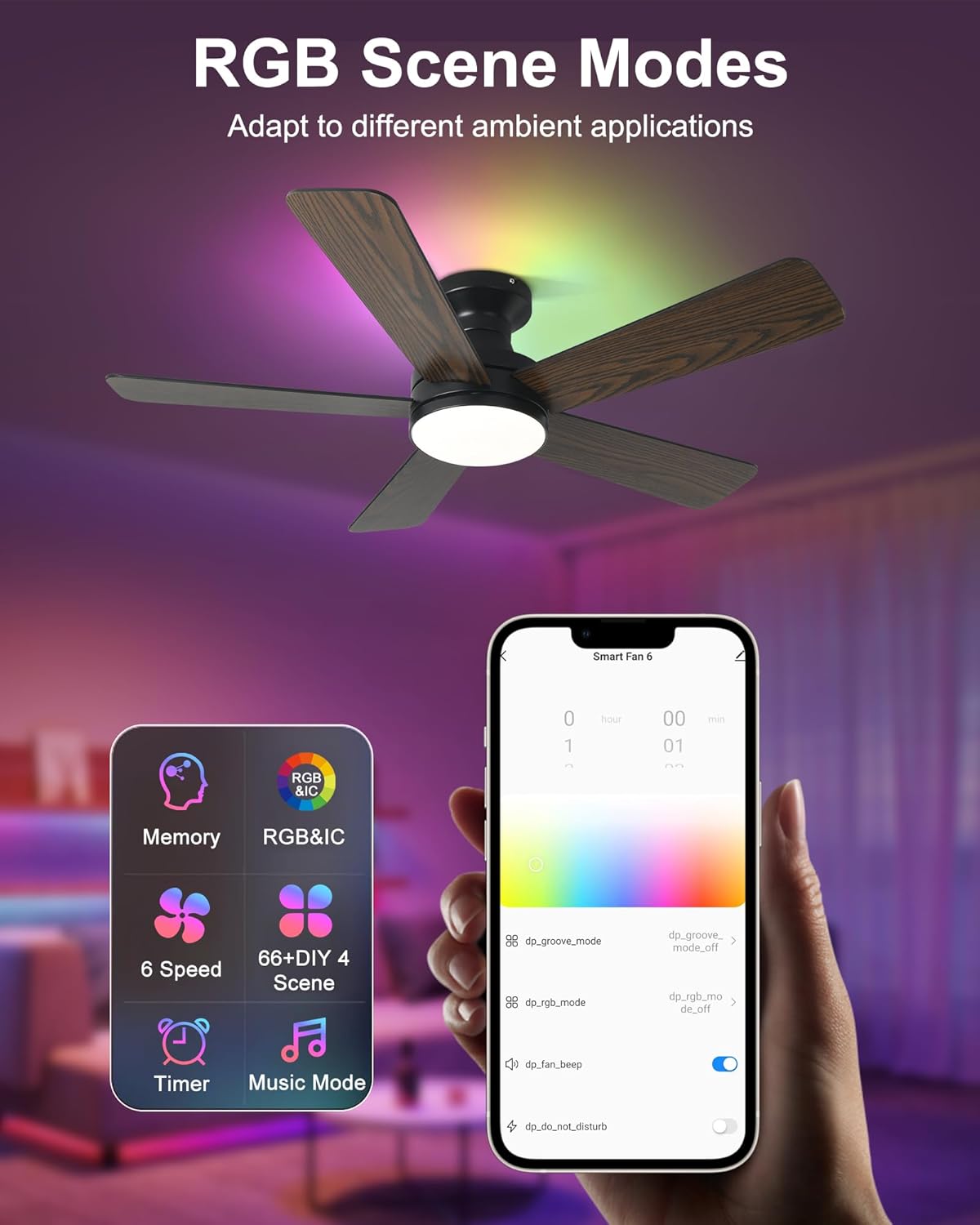 42 Inch Ceiling Fans with Lights, Smart Ceiling Fan with Alexa Google App, Black Ceiling Fan with RGB Lights Remote, 6 Speeds Reversible DC Motor, Modern Flush Mount for Bedroom Living Room