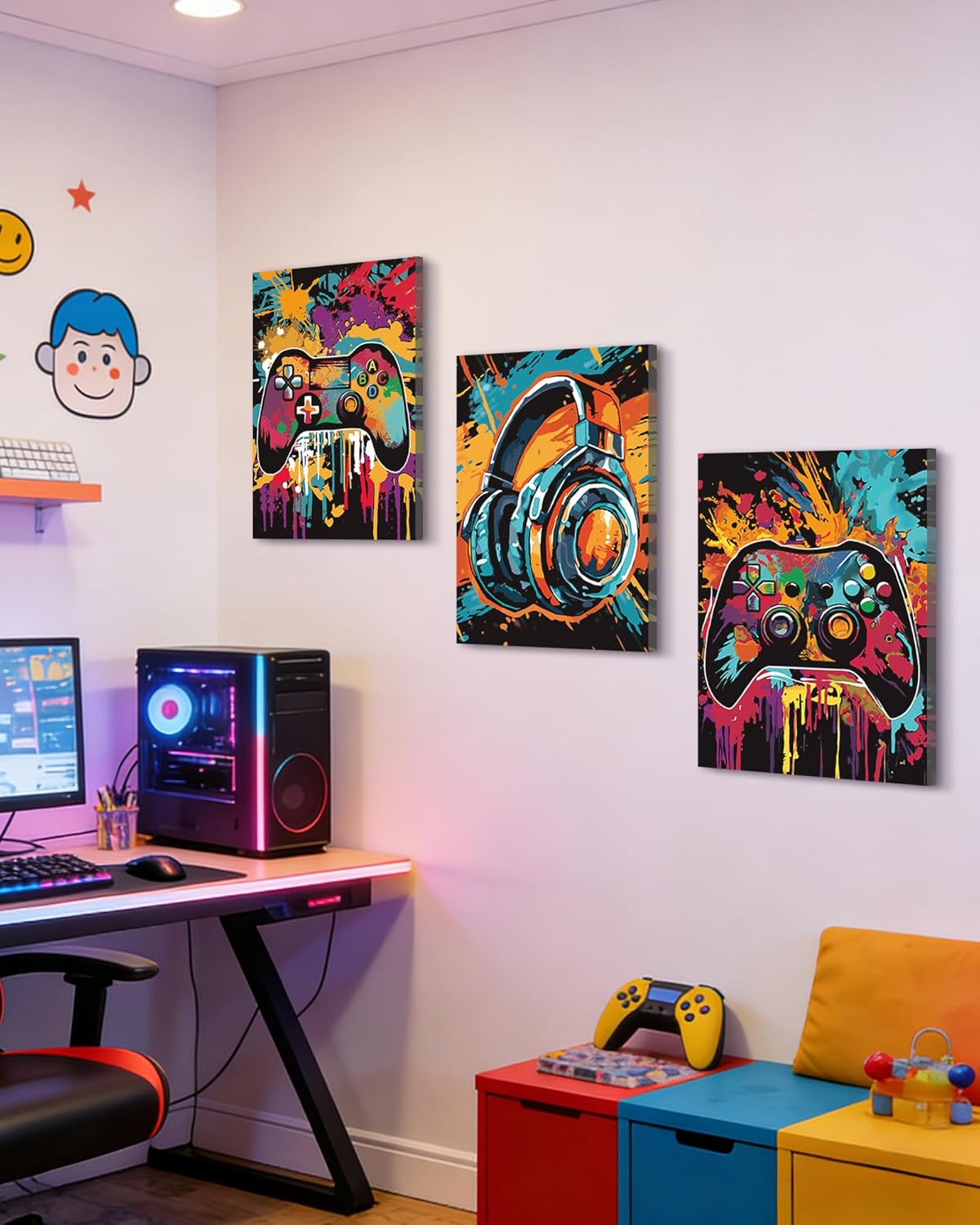 PHOPAGO Framed Cool Gaming Wall Art Video Game Watercolor Graffiti Pictures Neon Gamepad Video Gamer Room Decor for Teenage Boys Gamer Room Decoration 12x16inx3pcs