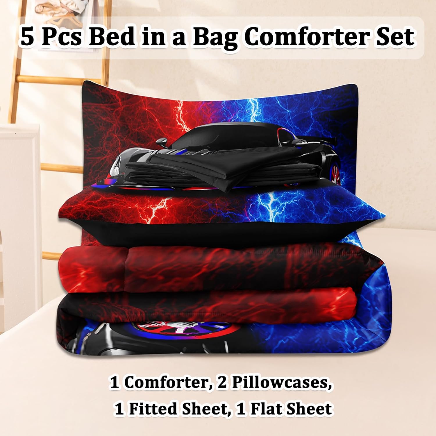 5 Pcs Car Comforter Sets for Boys, Cool Red Blue Lightnings Bed in A Bag Full Size Car Bedding Set for Boys Kids - Image 2