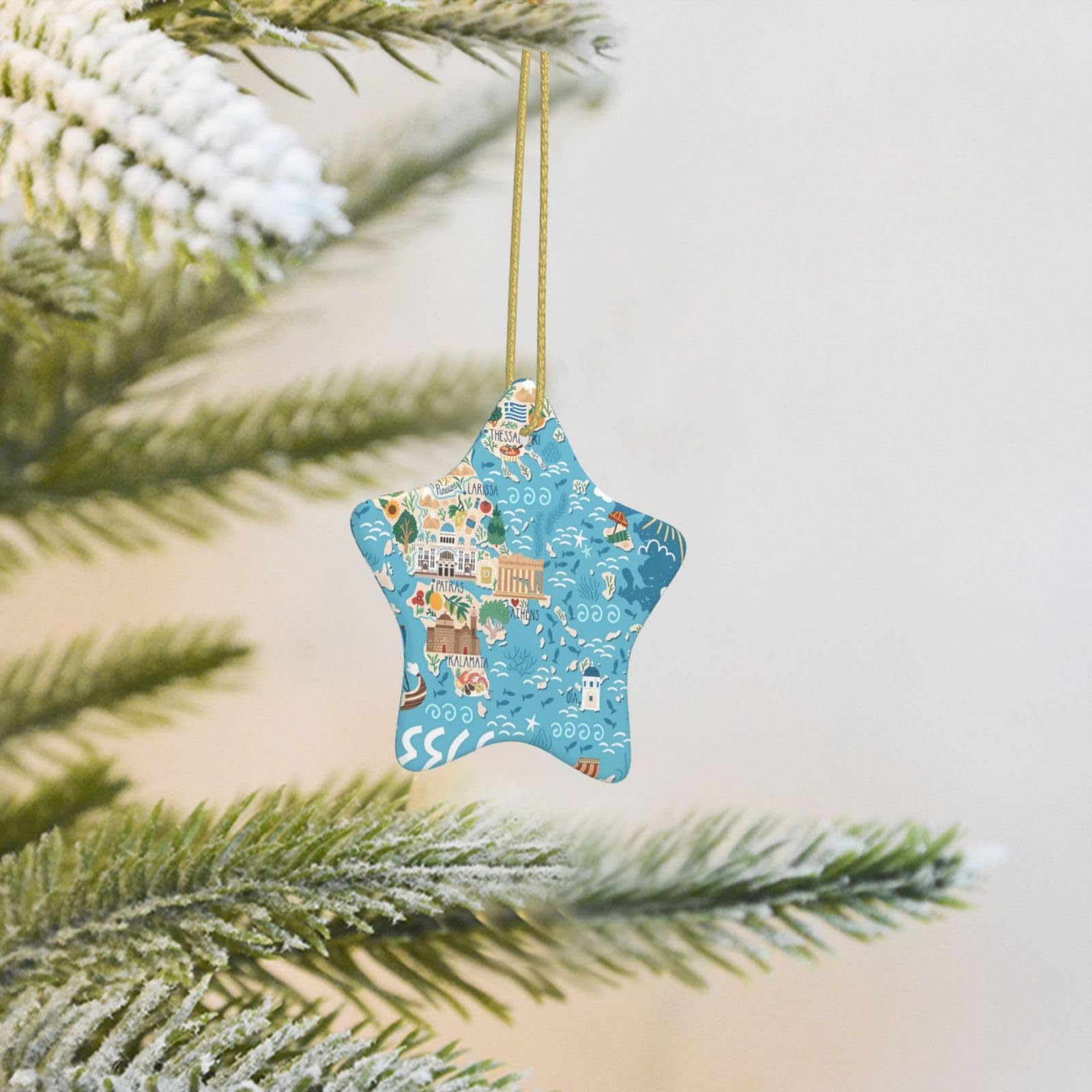 Adorno De Navidad De Cerámica Con Mapa De Grecia - Redondo, 7.3 Cm, Con Cuerda Dorada, Ideal Como Recuerdo O Regalo