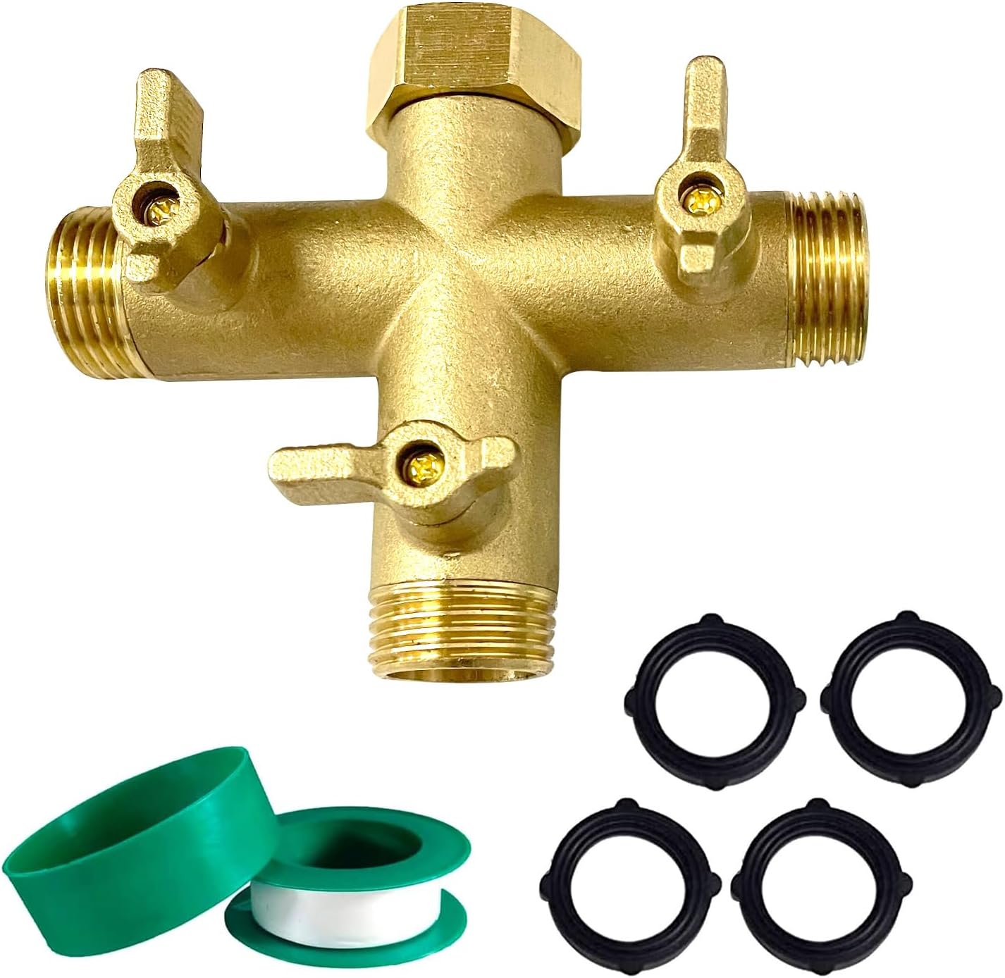 3 Way Garden Hose Splitter Heavy Duty - Solid Brass 3/4" High Flow Spigot Faucet Connectors With Metal Shutoff Valve, Outdoor Water Spigot Splitter with 4 Extra Silicone Washers and 1roll sealing tape