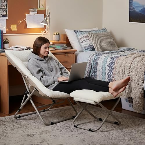 Miniatura 8 de Tiita Silla plegable con otomana recta, silla plegable de gran tamaño de piel sintética suave, silla perezosa, silla de luna con marco de metal para