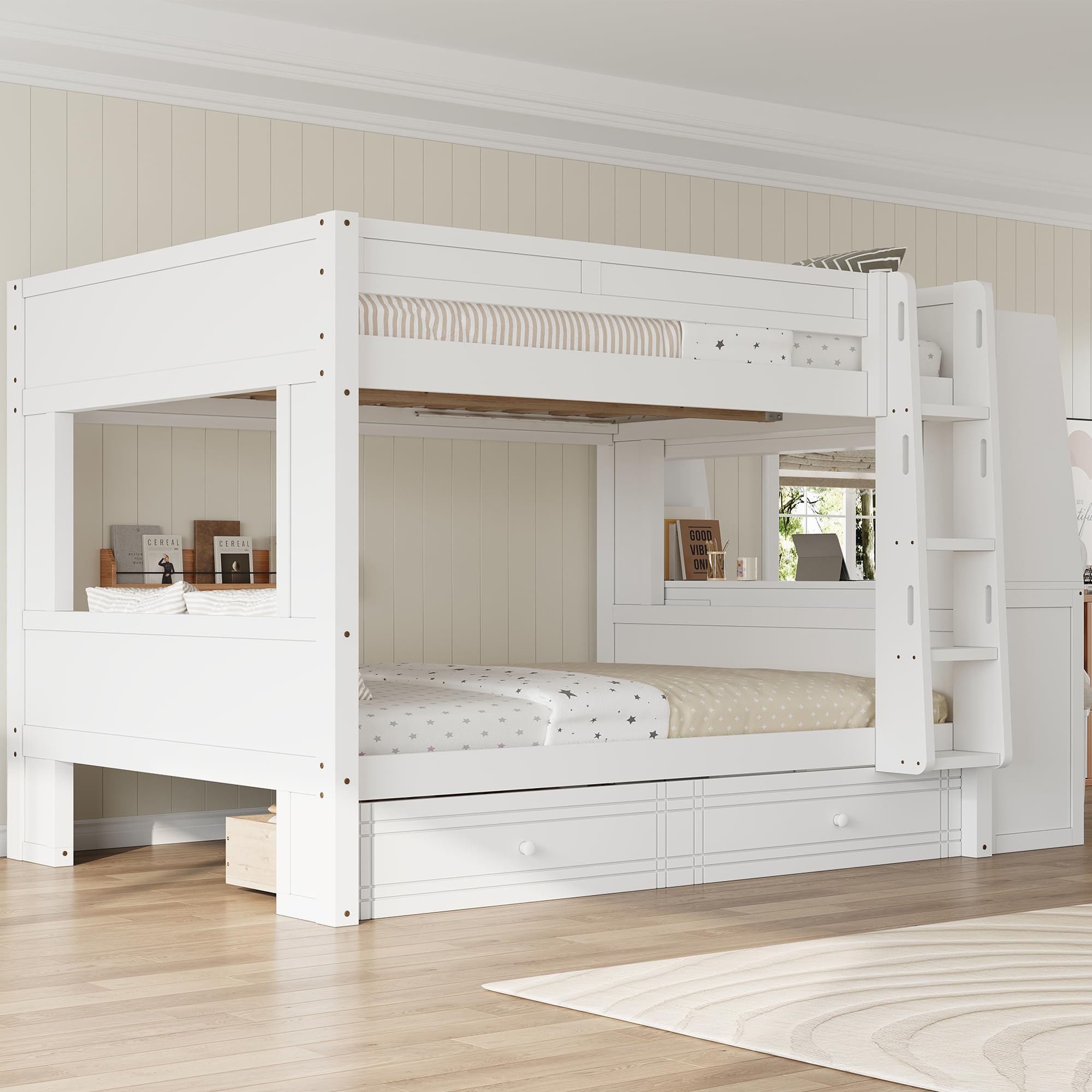 Photo 1 of **MISSING 2 BOXES, PARTIAL SET** Merax Full Over Full Size Multifunctional Bunk Bed with Drawers, Desk, Bookshelves, Modern Loft Bed Frame with Ladder, Storage Shelves, and Guardrail for Teens, White