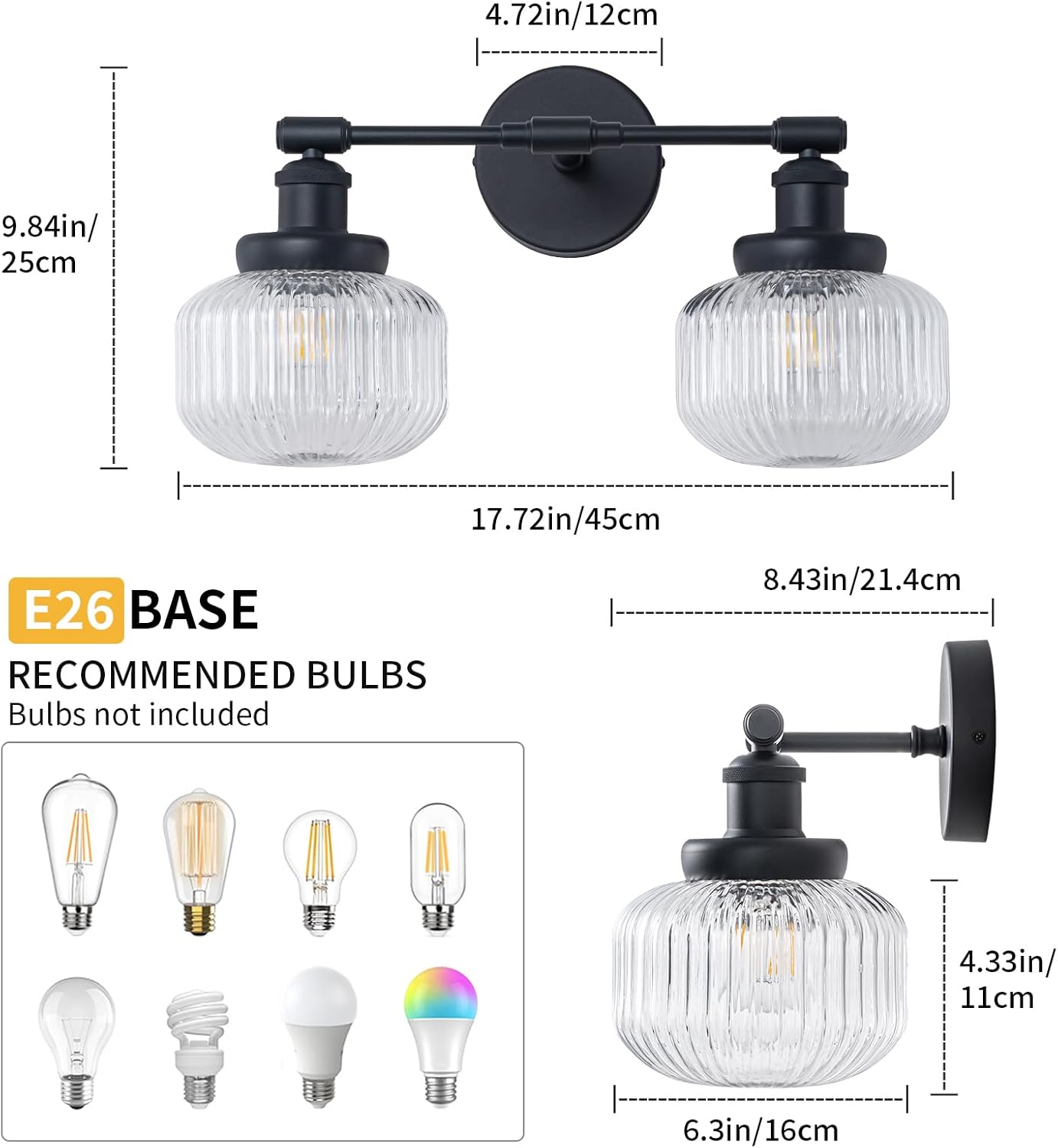 2-Lights Bathroom Light Fixtures, Black Vanity Light, Industrial Bathroom Light Fixture Over Mirror with Clear Striped Globe Shade, Bathroom Light for Bedroom, Living Room, Farmhouse, Stairs (Black)