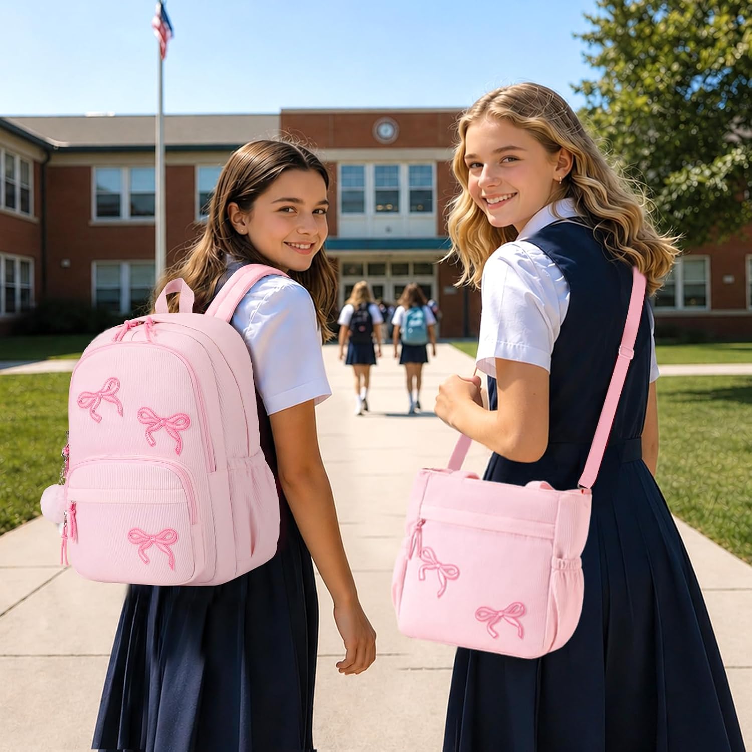 Corduroy Backpack for Girls,Kids 3D Embroidery Schoolbag with Tote Bag & Pencil Case,Coquette Bookback Bow Dayback for Teens Elementary Middle High School Student(Pink Bow)