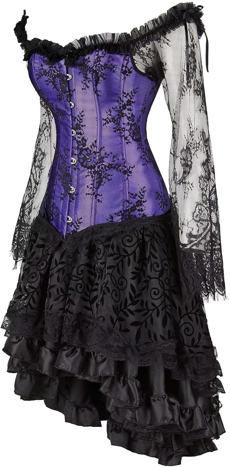Jutrisujo Corset Top Skirt Set Dress Bustier Lace Long Sleeves Floral Plus Size Costume Halloween Women