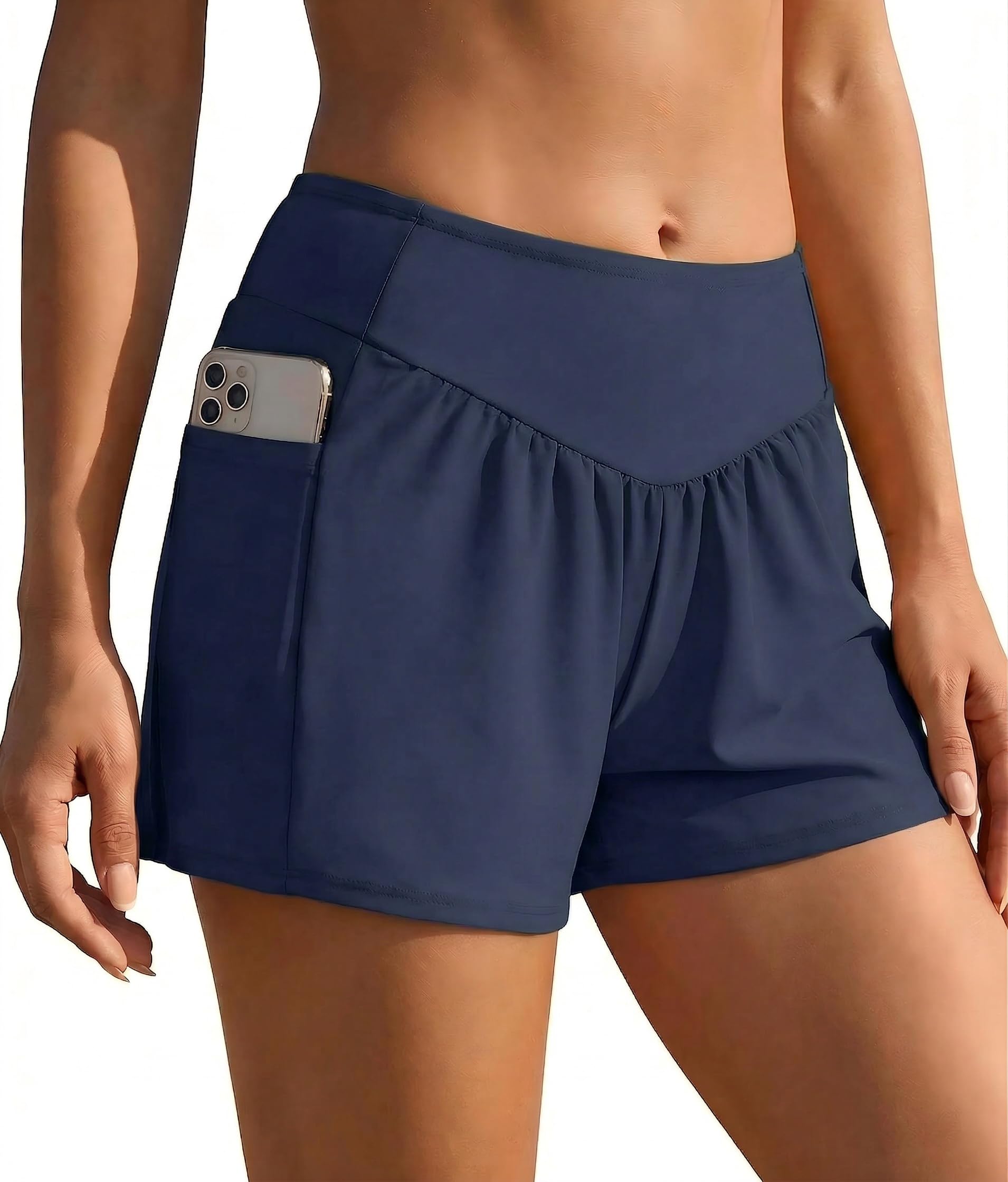 Ekouaer Badeshorts Damen Badehose Schwimmhose High Waist Boardshorts Schnell Trocknend mit Liner Taschen S-2XL