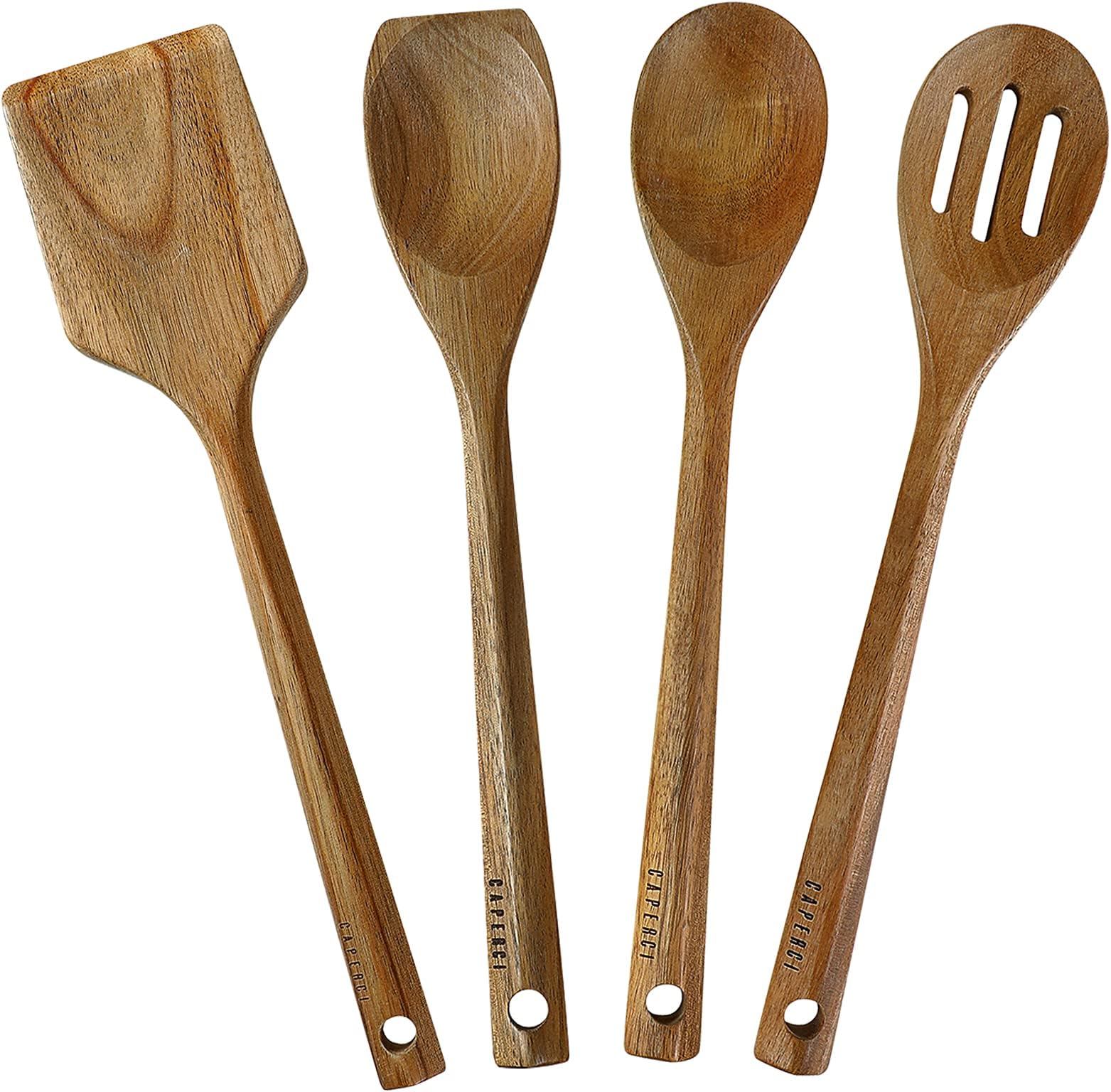 Caperci Optimal Wooden Spoons Cooking Utensil Set of 4-13.5'' Wooden Turner, 12'' Blunt-end, Large Spoon and Wood Slotted Spoon
