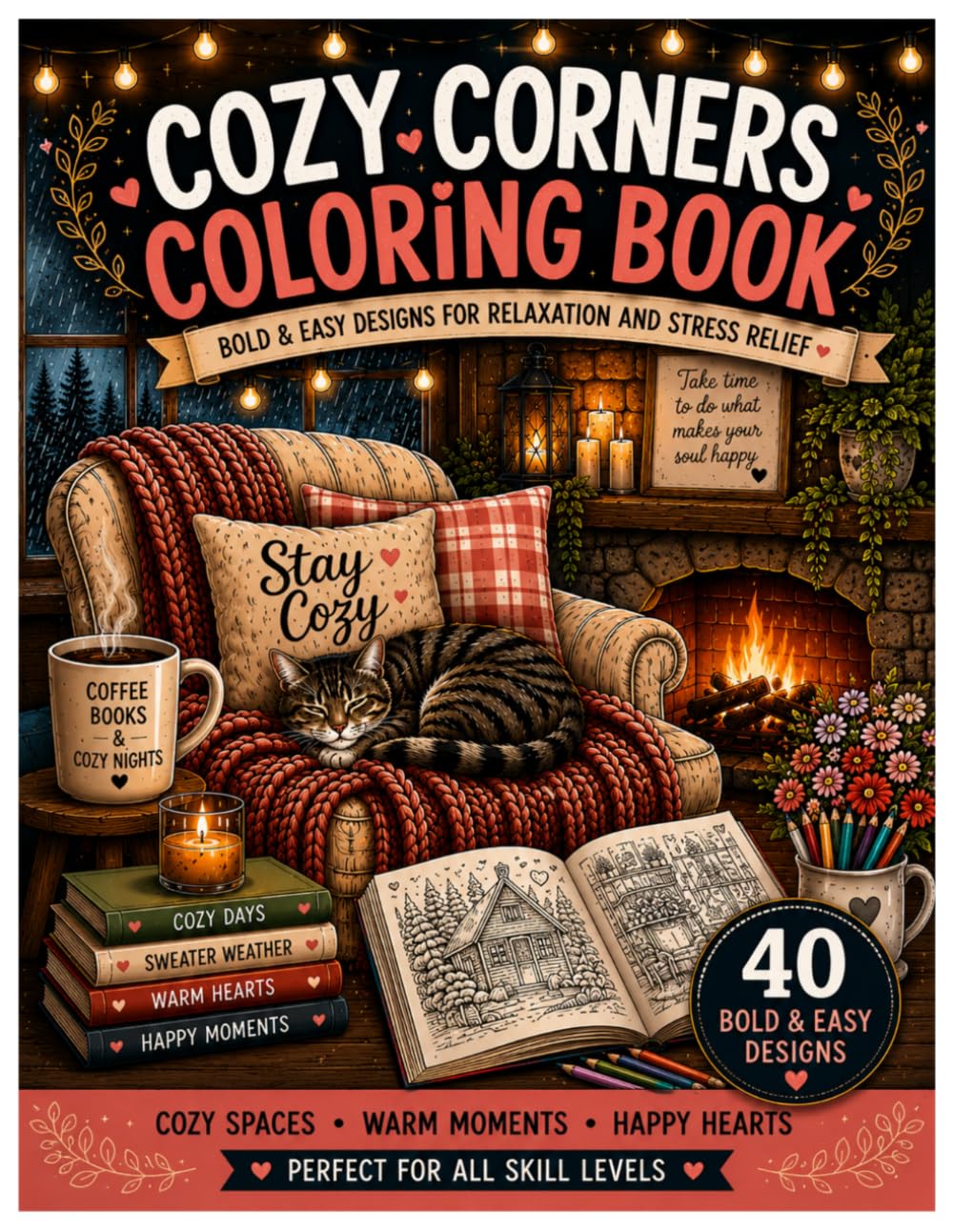 Cozy Corners Coloring Book for Adults: 40 Bold & Easy Cozy Designs for Relaxation and Stress Relief