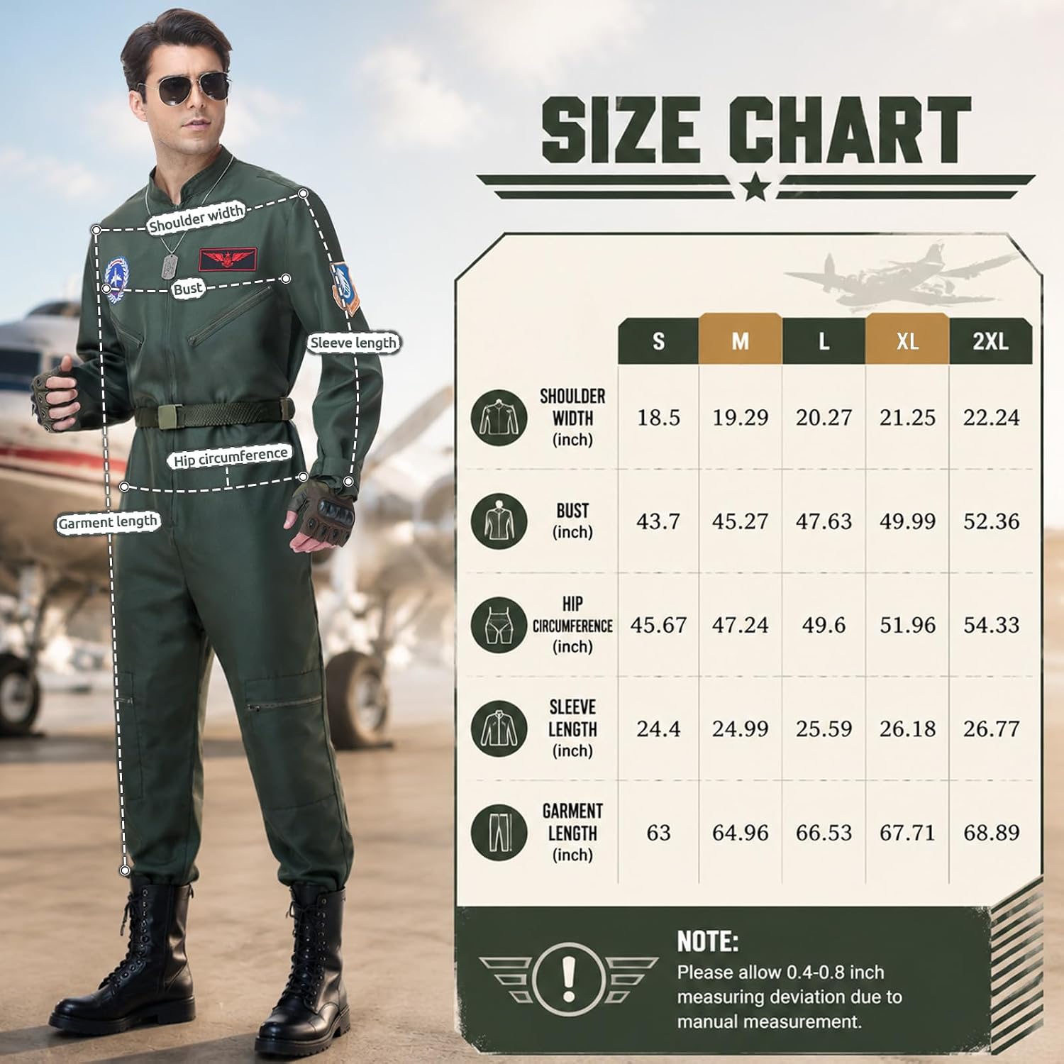Men Fighter Pilot Costume Halloween Adult Flight Suit Jumpsuit 6PCS