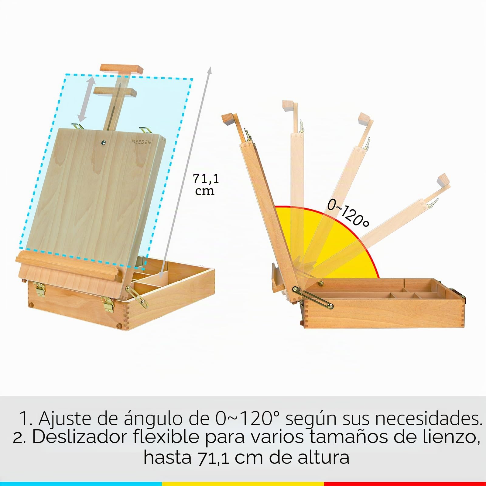 MEEDEN Caballete grande para bocetos de estudio, caballete ajustable de madera de haya maciza con caja de almacenamiento, pinceles de pintura, lienzo máximo de 28 pulgadas