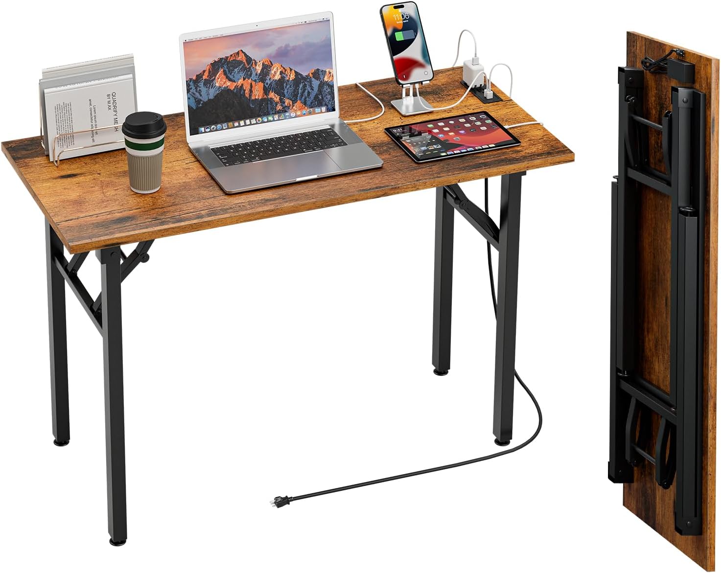 TEMI Small Computer Desk Folding Table - No Assembly, Compact 44.3" Foldable Desk with Power Outlets & USB Charging Port, Portable Small Office Desk, Ideal Mini Study Table for Narrow Spaces, Brown 43.3 Inch With Power Outlets Rustic Brown