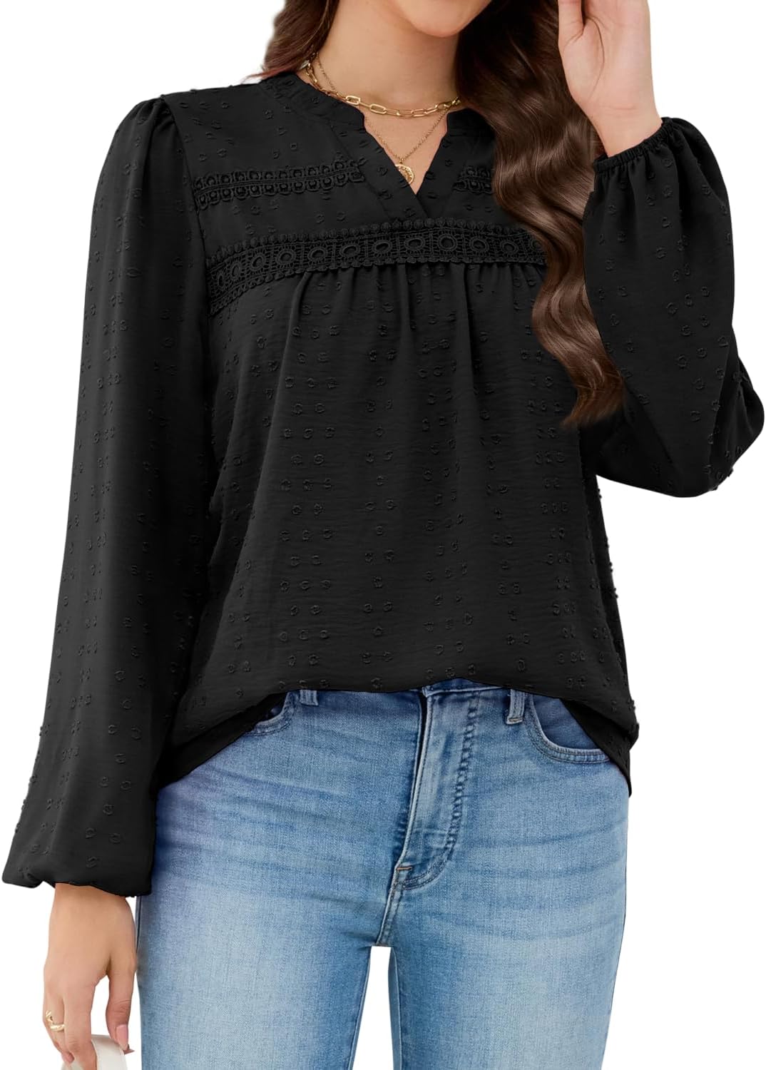 HEYTALALA Womens Fall Tops Long Sleeve Shirts Swiss Dot V Neck Pleated Tunic Dressy Casual Blouses Boho Clothing 2025 - Image 2