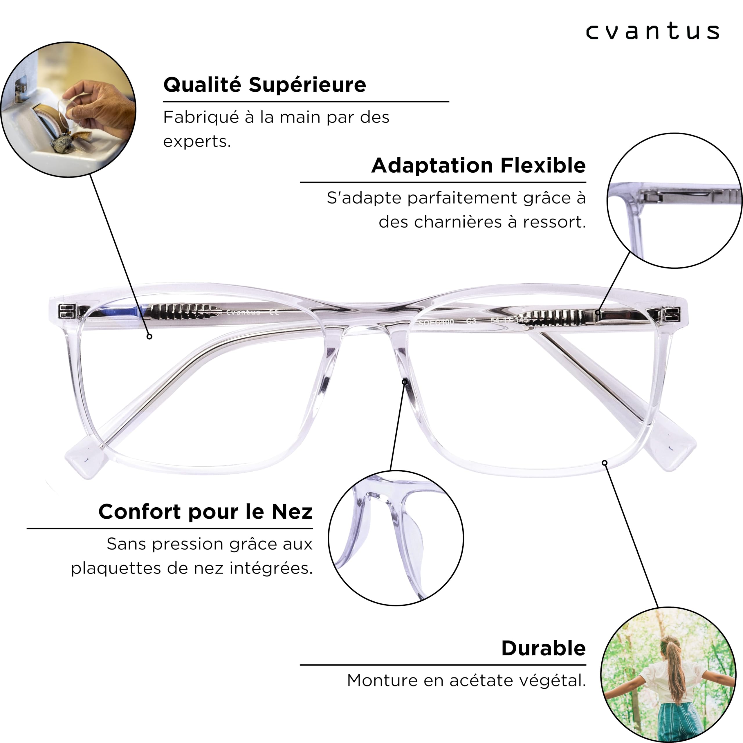 Cvantus Lunettes ordinateur Premium | Anti-lumière bleue & UV, Anti-reflets, Antistatique | Qualité Ordonnance - Faites par opticiens | Lunette anti lumiere bleue femme & homme carrées transperentes