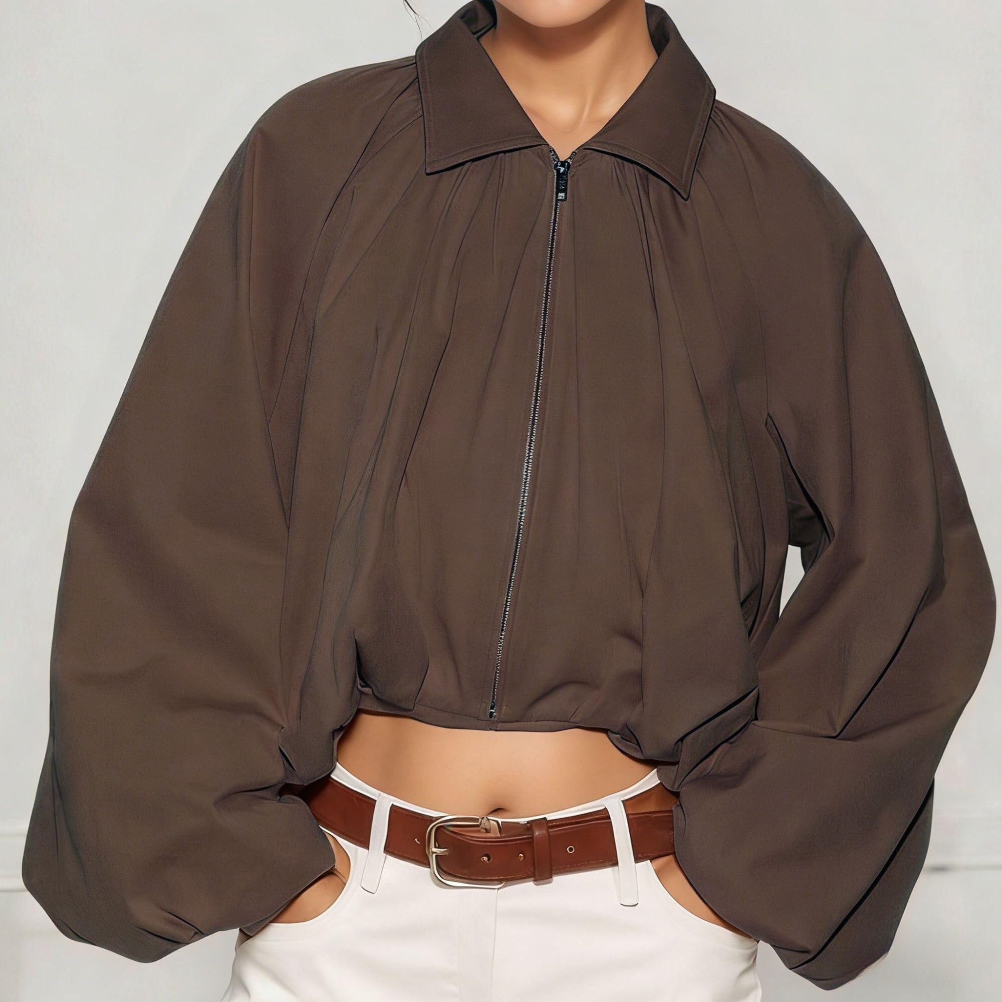 Générique Blouson Bomber Femme Printemps Automne, Manches Bouffantes Ourlet Bulle Court Col Revers Zip Ample, Veste Plissée Décontractée