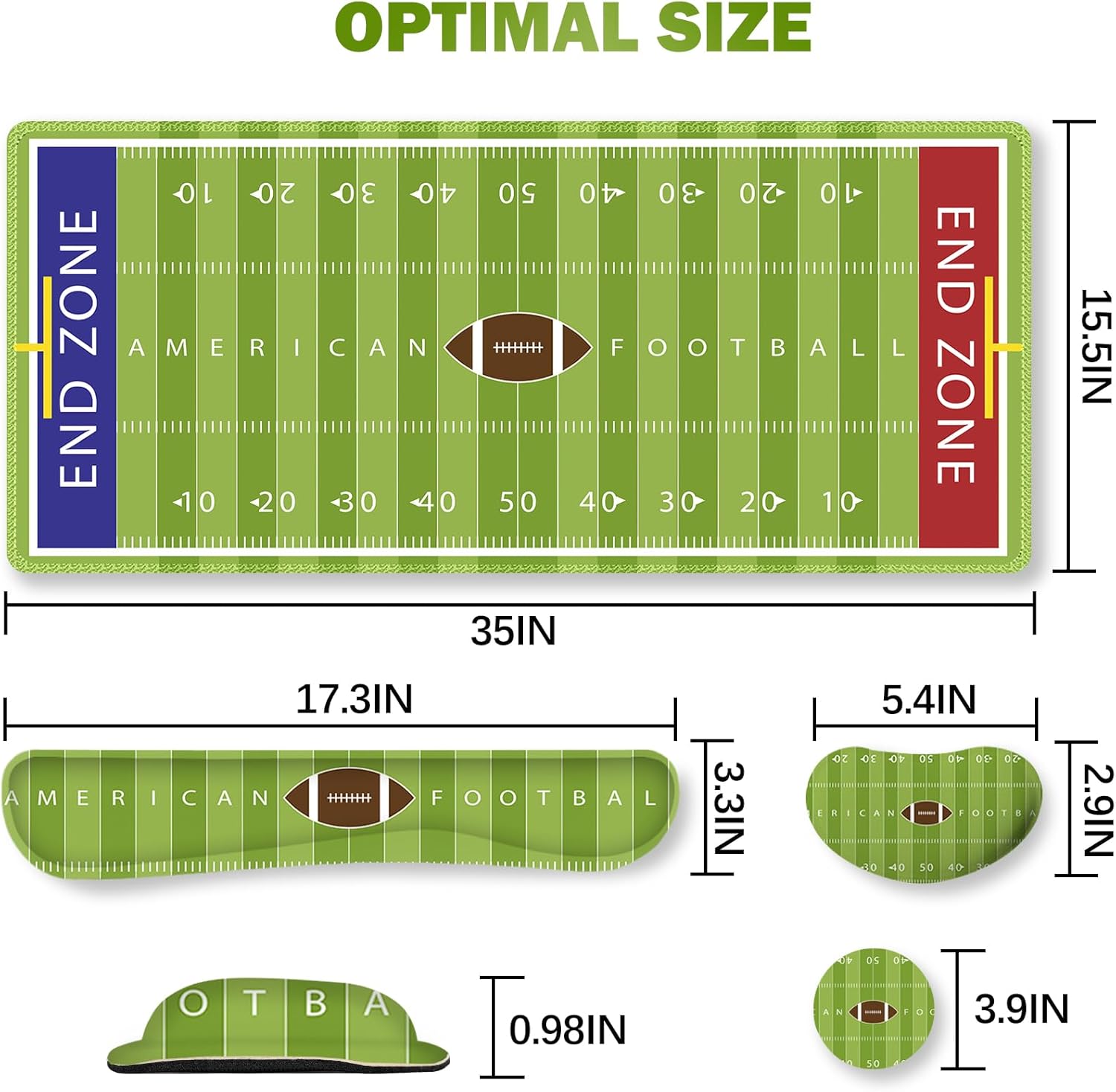 ARTSO Green Desk Mat Set, Extended Gaming Mouse Pad with Wrist Rest Support +Keyboard Wrist Rest +Coaster, Large Cute Mousepad, American Football Field