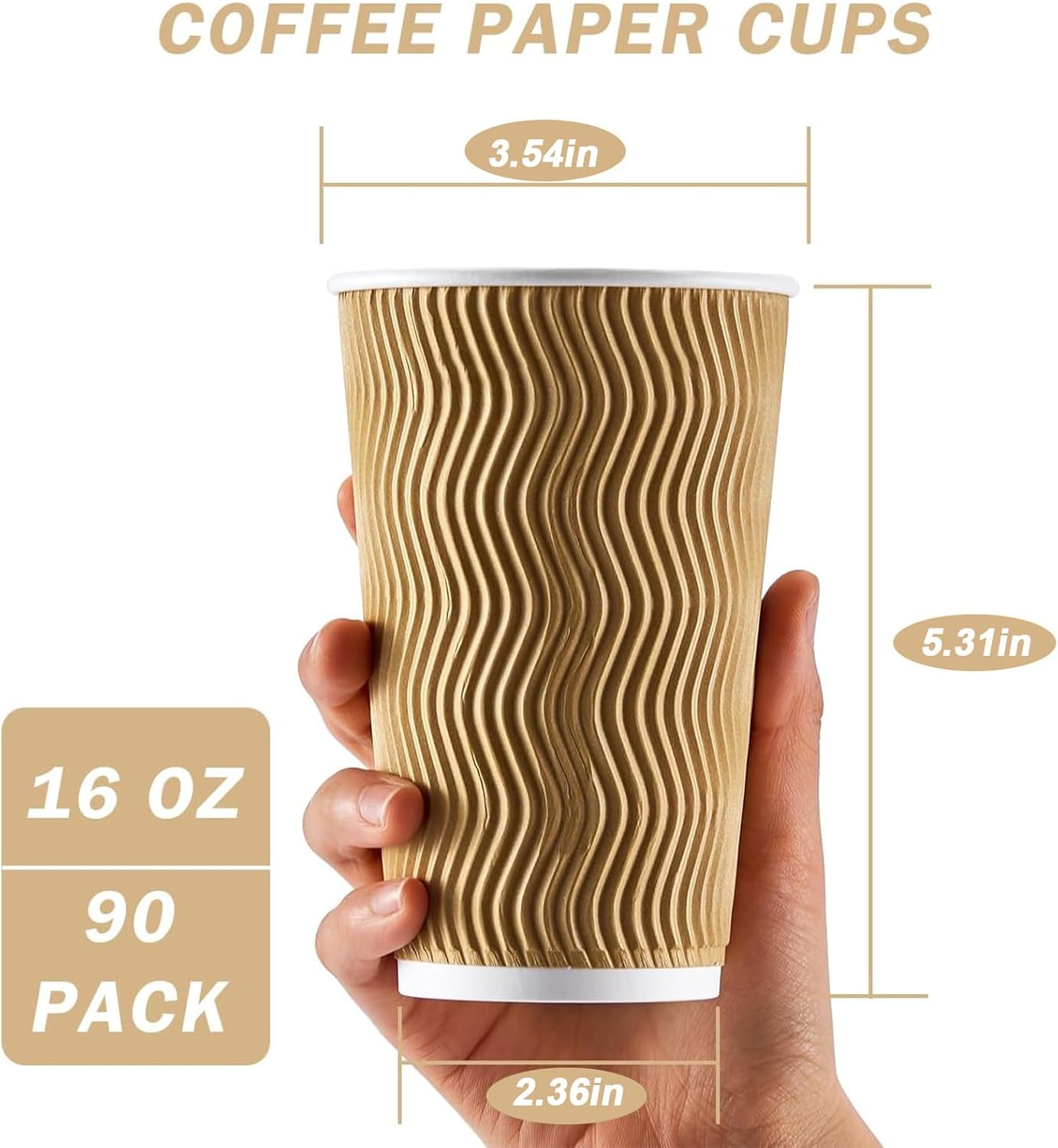 Clawsoff 90 Pack 16 oz Disposable Coffee Cups No Lids, Champagne Insulated Ripple Wall Paper Coffee Cups 16oz, Kraft Corrugated Beverage Paper Cups for Hot Chocolate, Home, Travel, Office, Tea